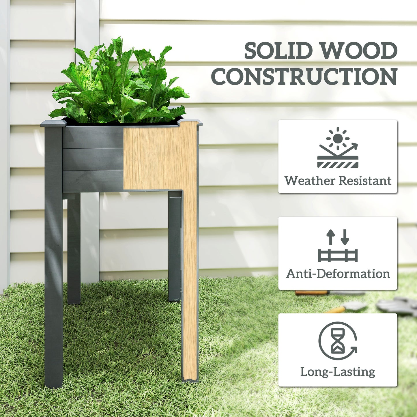 Outsunny Raised Garden Bed Wooden Elevated Planter Box With Bed Liner For Flowers Vegetables Herbs Dark Grey