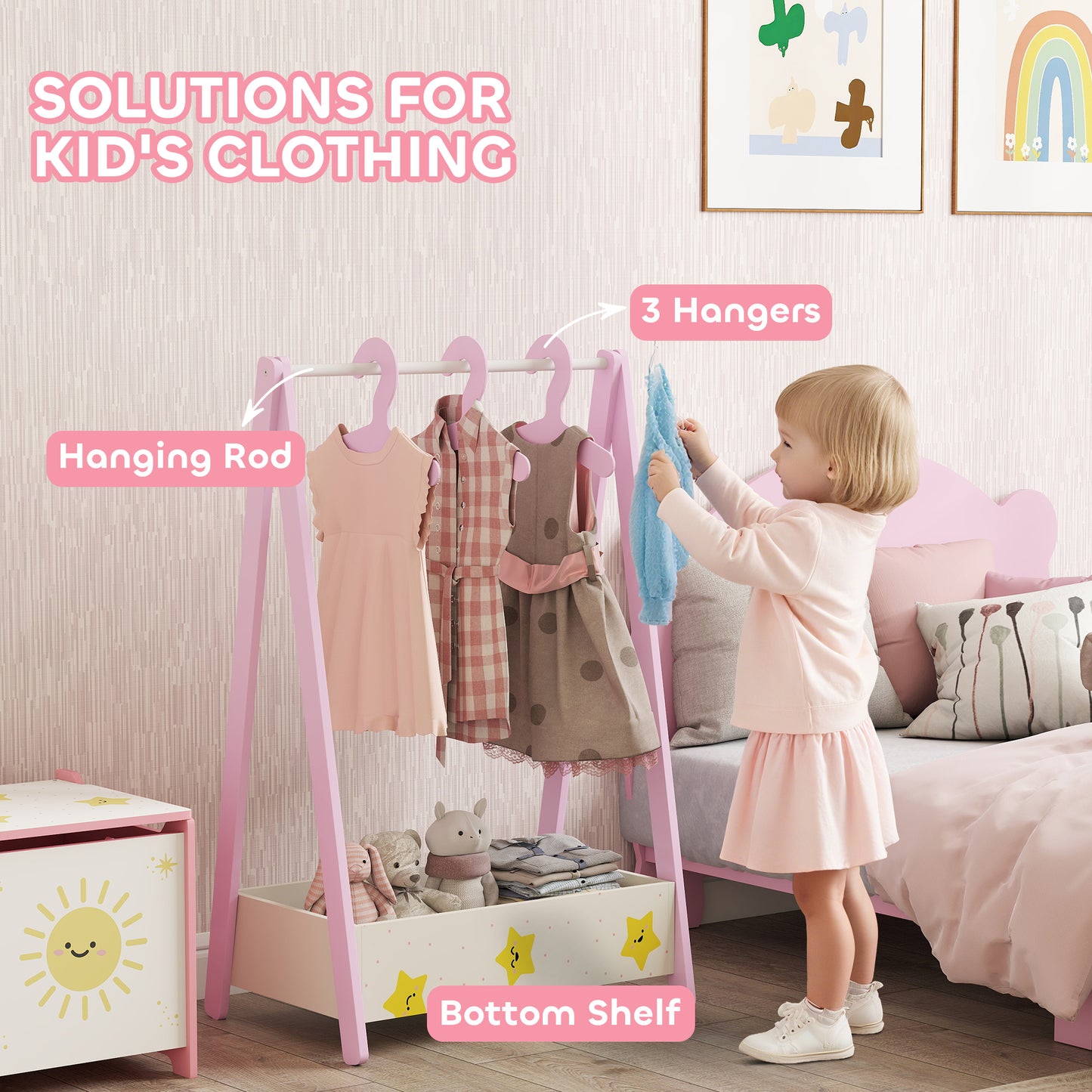 AIYAPLAY Baby Clothing Rack With Hangers And Storage Shelf For Bedroom Star Theme Pink Ages 3 To 6