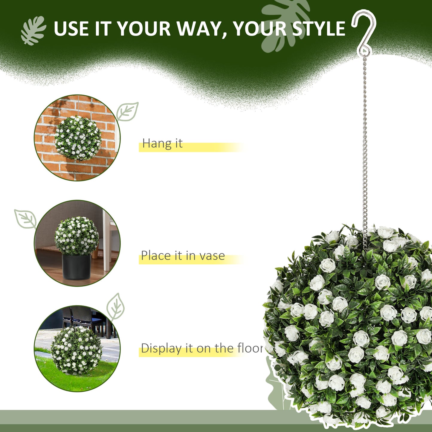 HOMCOM Set 2 Decorative Artificial Topiary Rose Balls UV Protected Outdoor Indoor Decor 28cm White