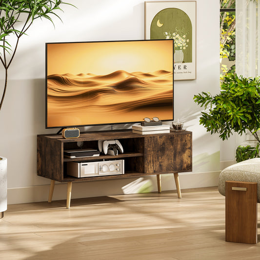 HOMCOM TV Stand For 55 Inch TVs With Open Shelves And Cable Holes Brown Finish Two Storage Shelves And Cupboard