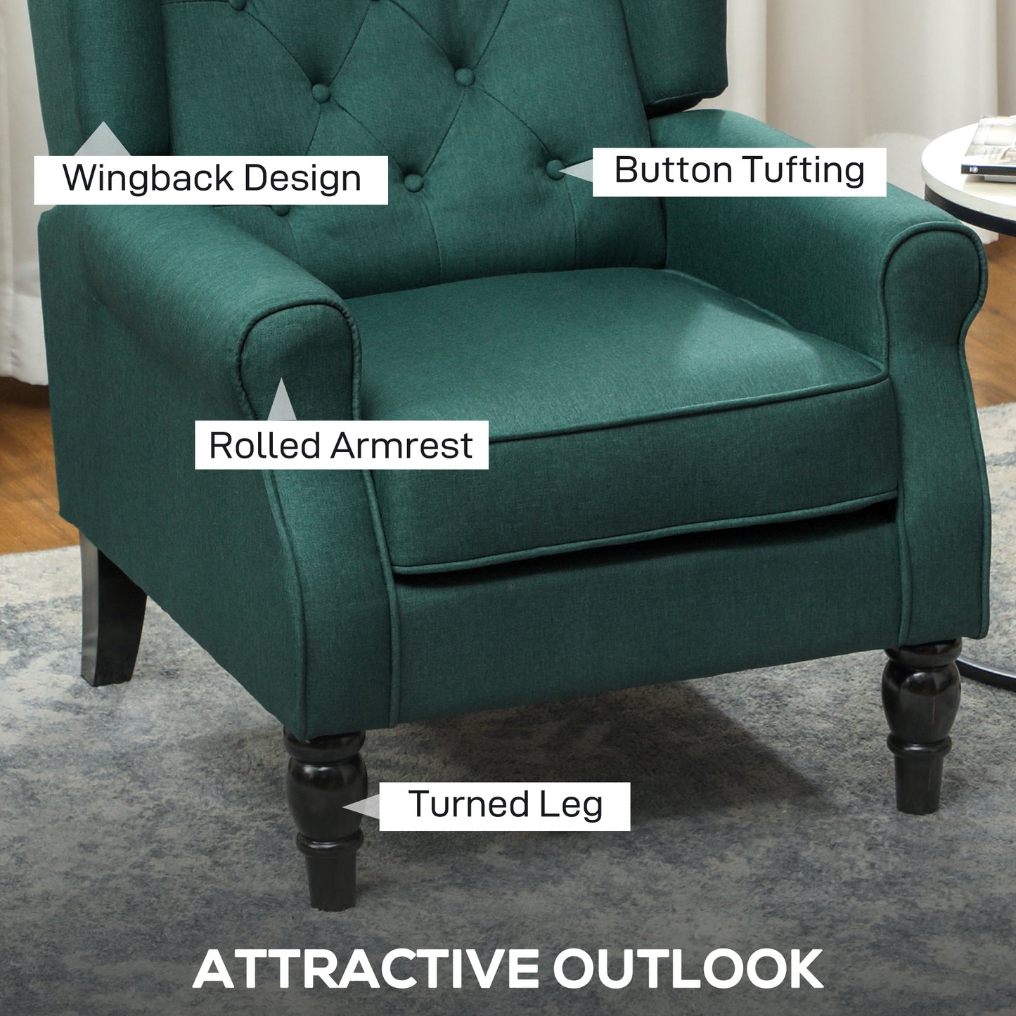 HOMCOM Wingback Accent Chair Retro Upholstered Button Tufted Occasional Chair For Living Room And Bedroom Dark Green