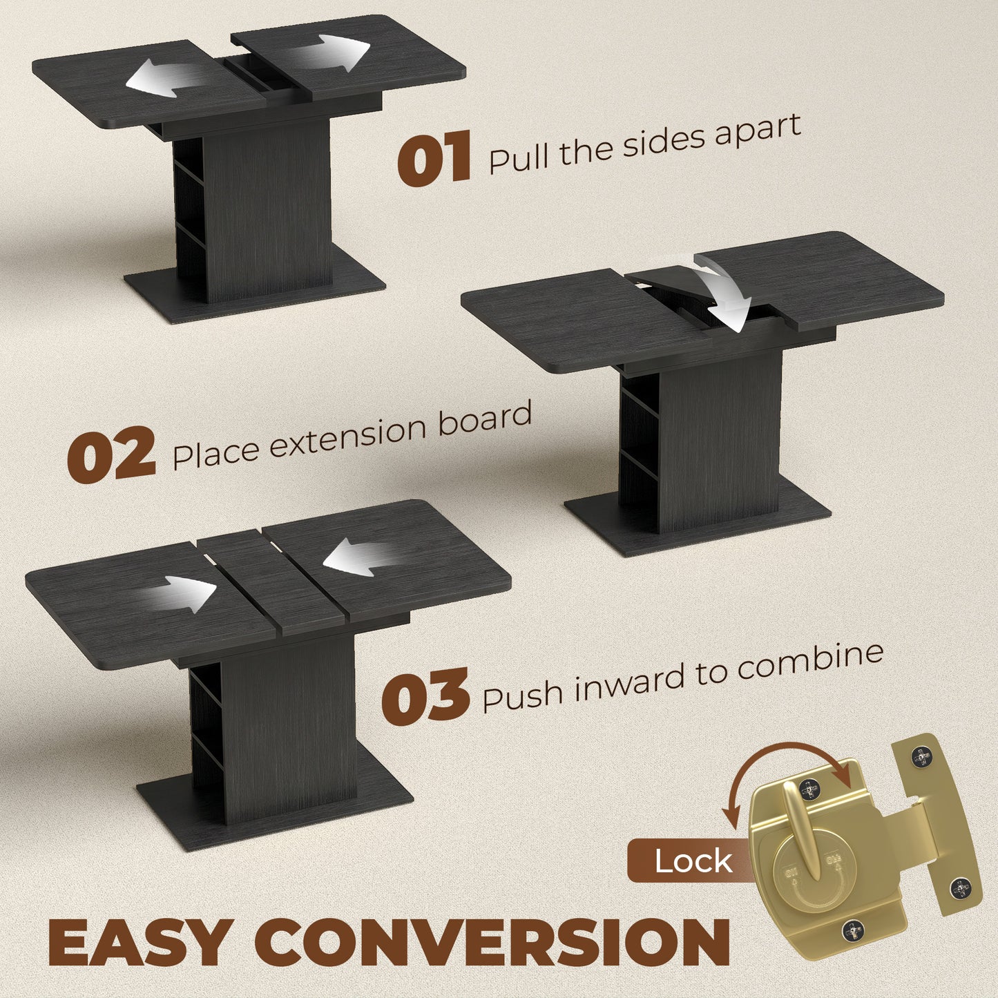 HOMCOM Extendable Dining Table For 4 To 6 People 110 To 130 Cm Black 3cm Thick MDF Top
