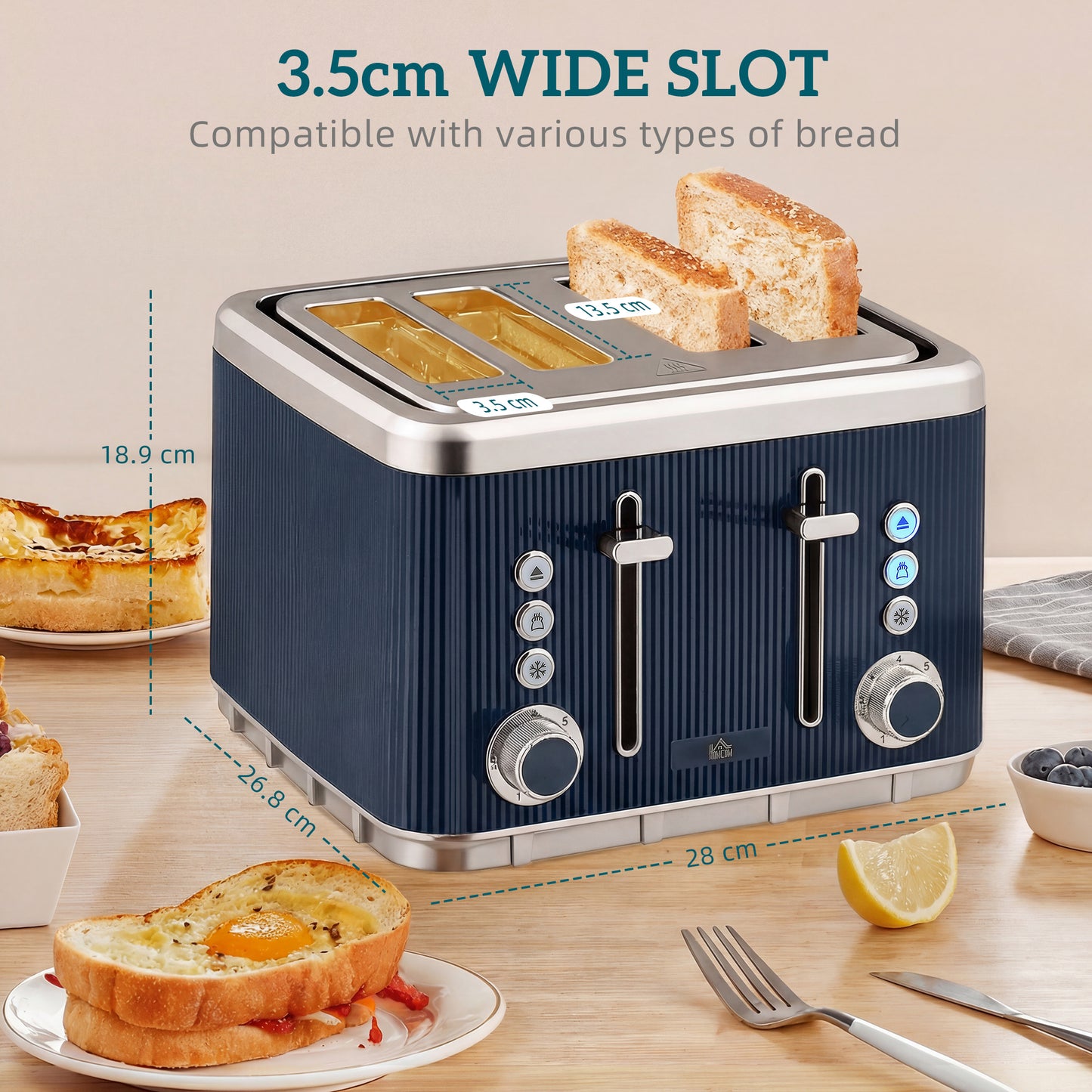 HOMCOM Stainless Steel Electric Kettle And Four Slot Toaster Set 3000W 1.7L UK Strix Thermostat Dark Blue