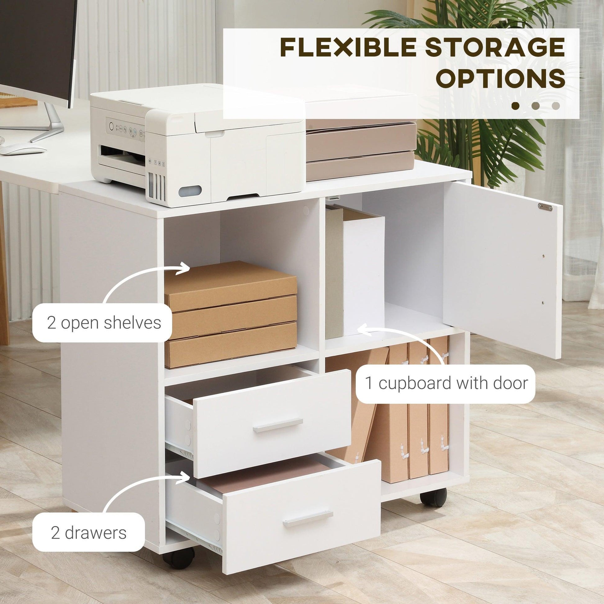 Vinsetto White Printer Stand with Wheels, Shelves, Drawers - Home Office Storage - ALL4U RETAILER LTD