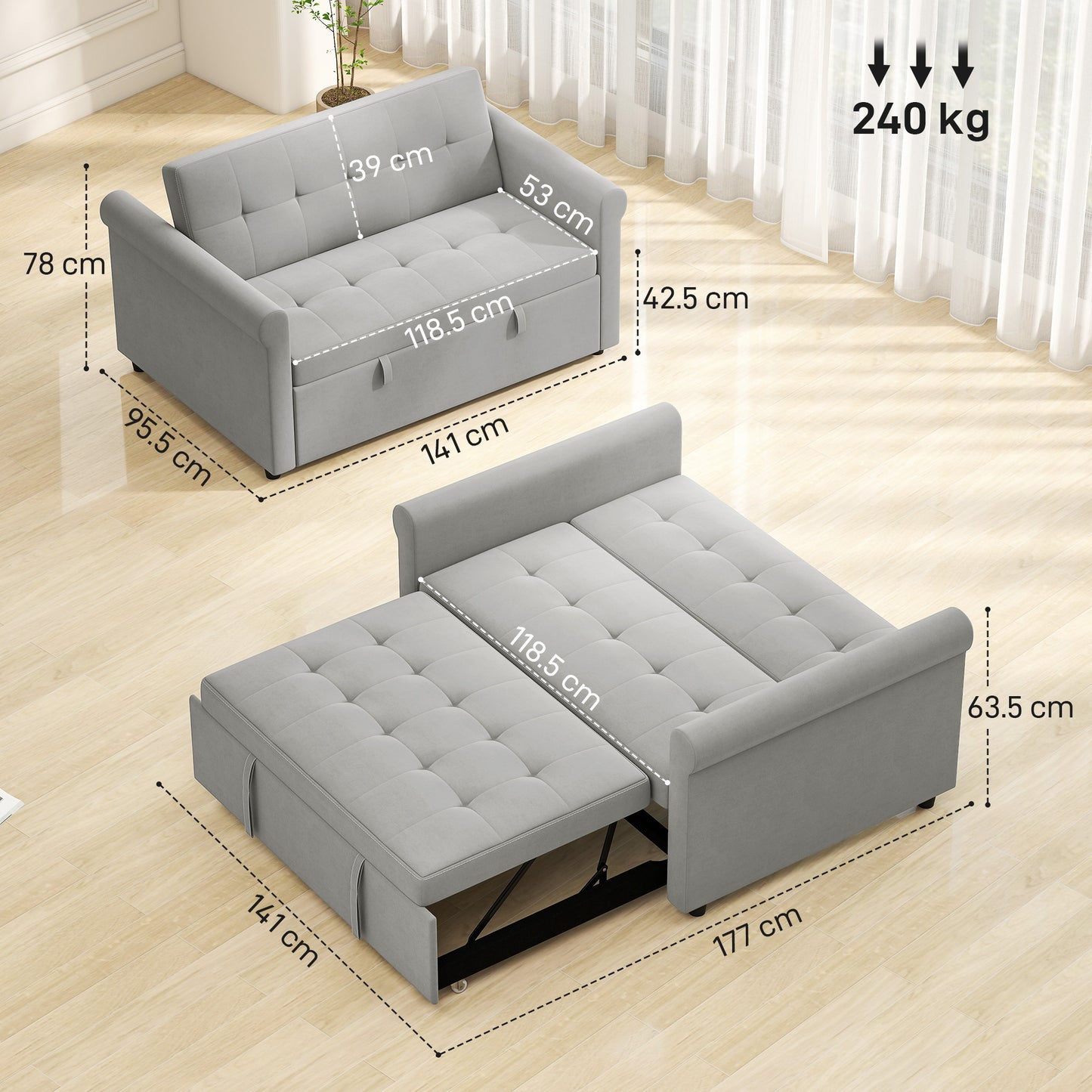 HOMCOM Two-Seater Velvet-Feel Sofa Bed Grey With Adjustable Back and High-Density Foam