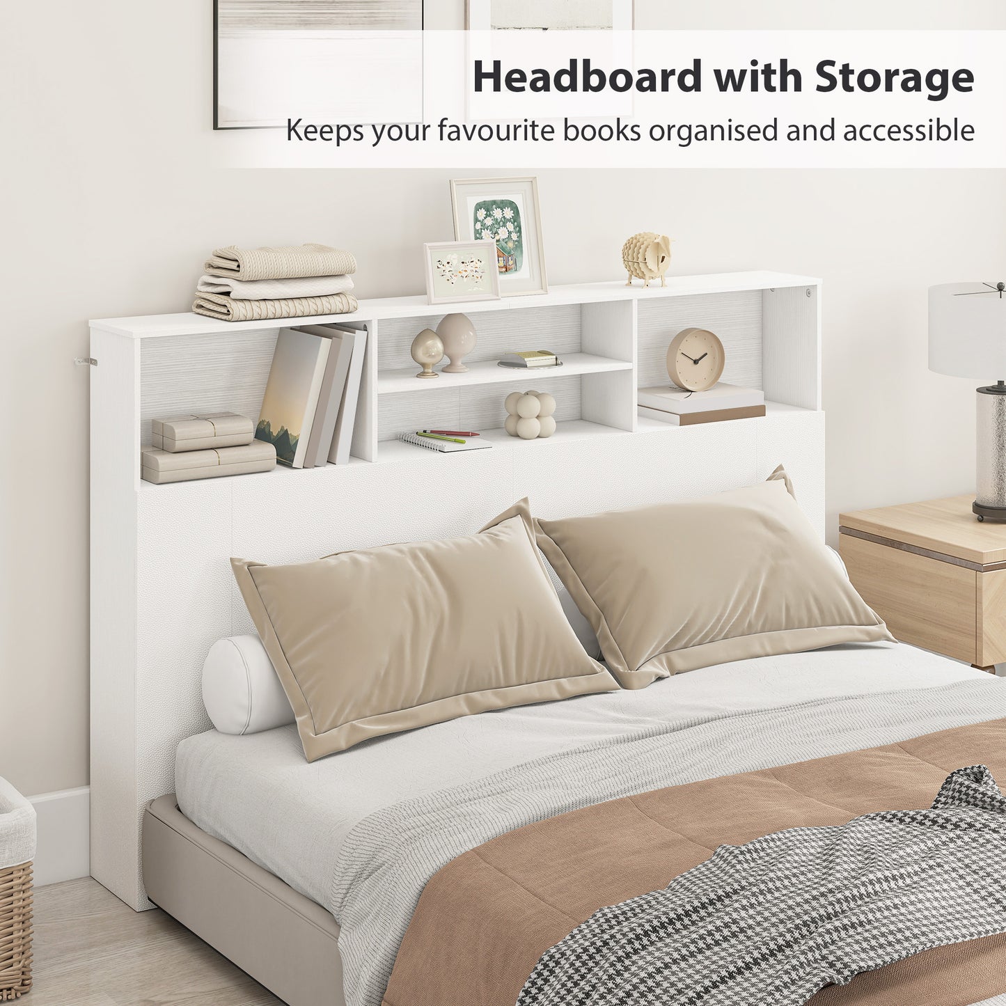 HOMCOM King Size Freestanding Bed Headboard With Storage 4 Open Compartments For Bedroom White