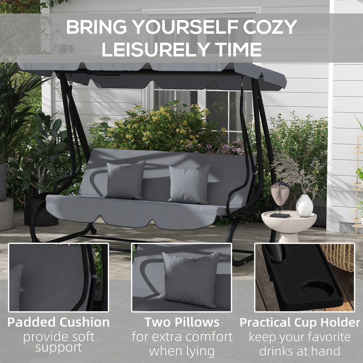 Outsunny Three Person Garden Swing Chair With Adjustable Canopy And Convertible Bed Light Brown