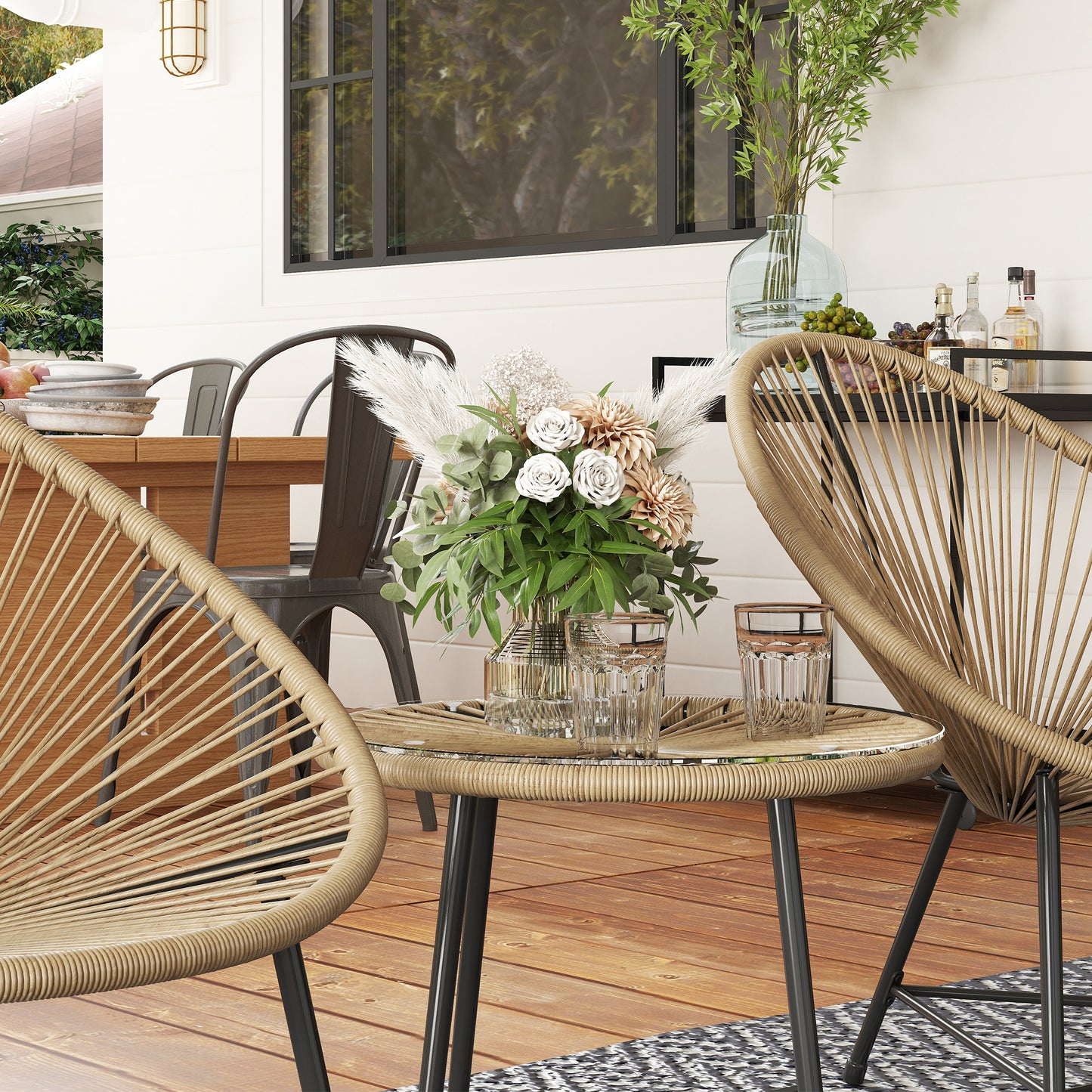 Outsunny Three Piece Rattan Bistro Set With Acapulco Chairs And Glass Top Table For Outdoor Patio Balcony Natural
