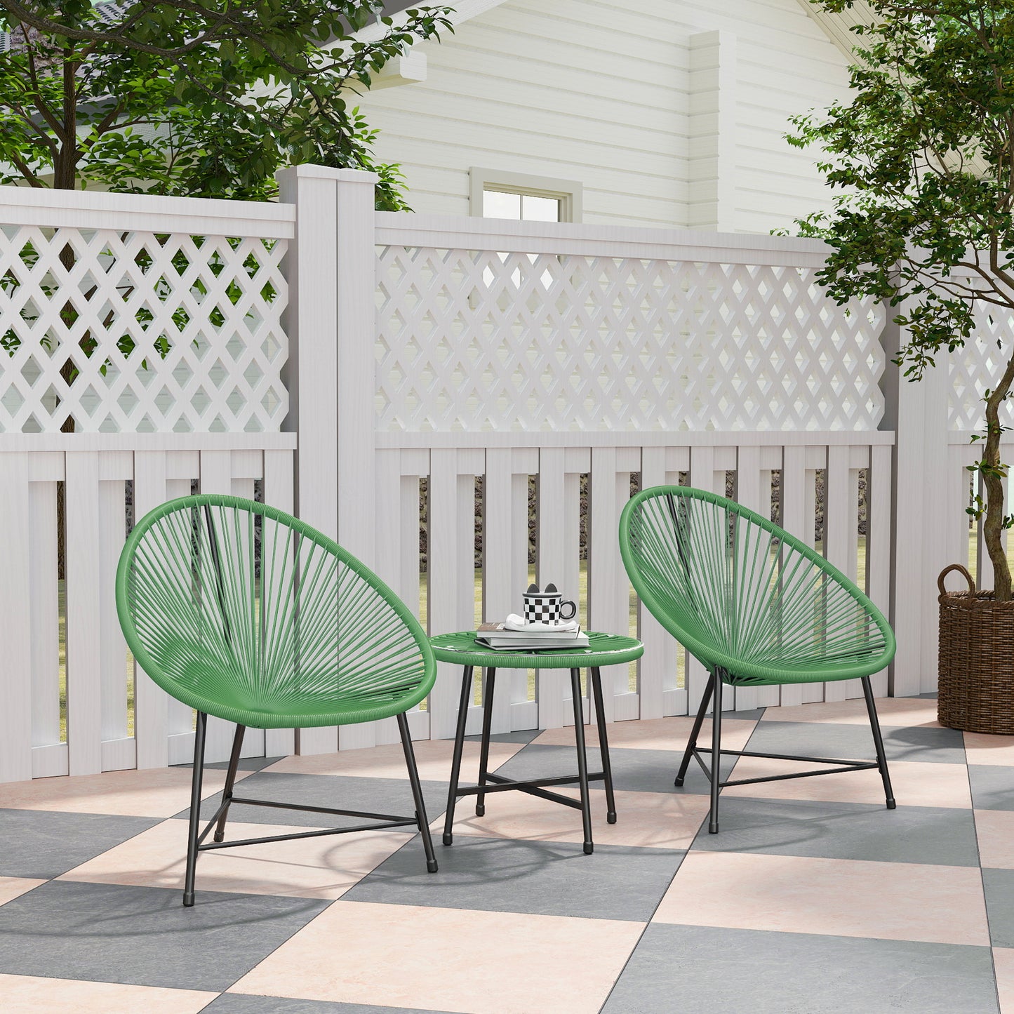 Outsunny Rattan Bistro Set with Acapulco Chairs and Glass Table in Green for Outdoor Patio Garden