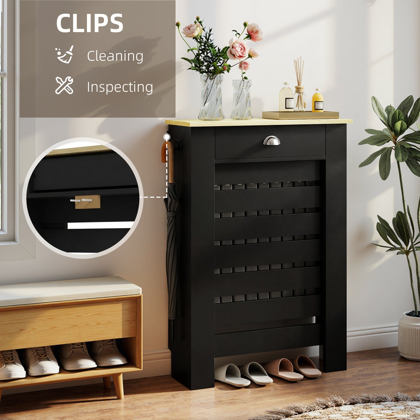 HOMCOM Black Radiator Cover With Drawer 95.5H x 78W cm Slim Slatted Cabinet Heat Shield