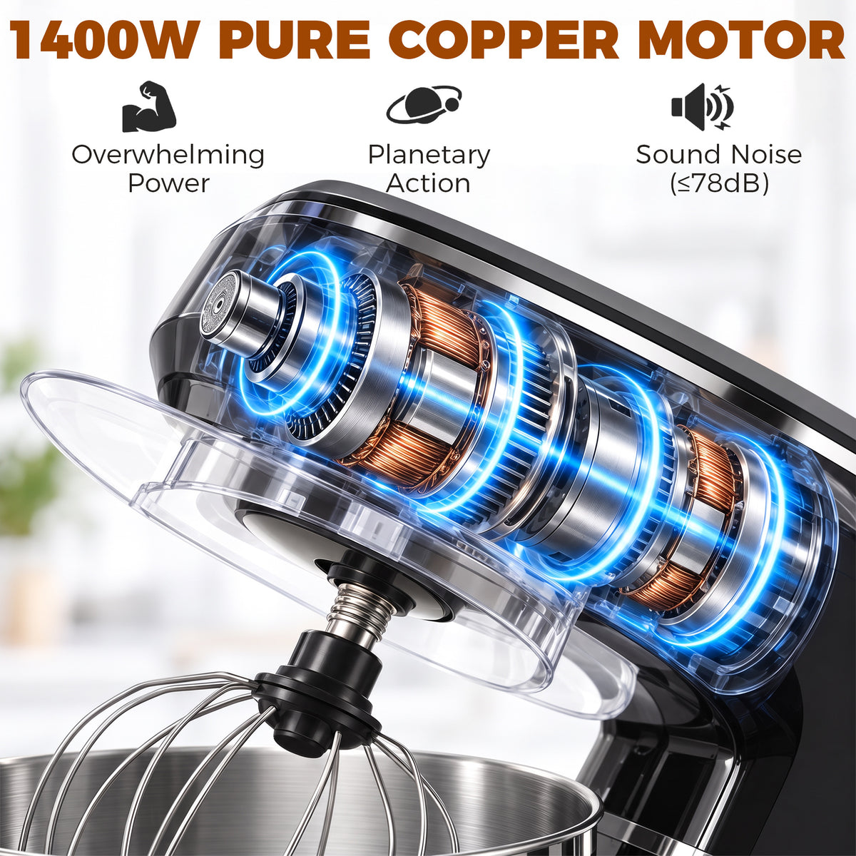 Close-up of black stand mixer head showing internal motor with transparent cover