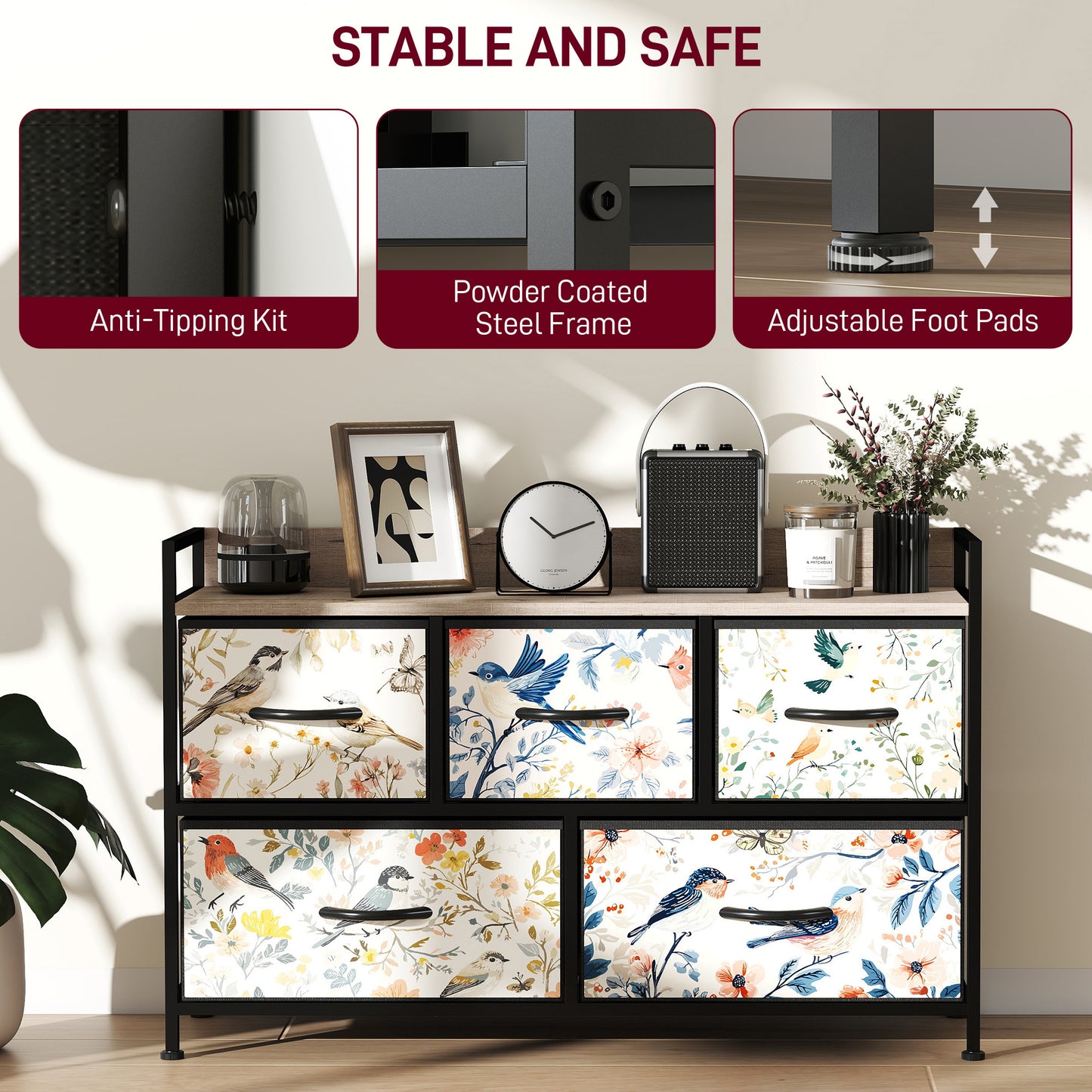 HOMCOM Five Drawer Fabric Chest of Drawers in White With Removable Foldable Fabric Drawers and Patterned Panel Fronts