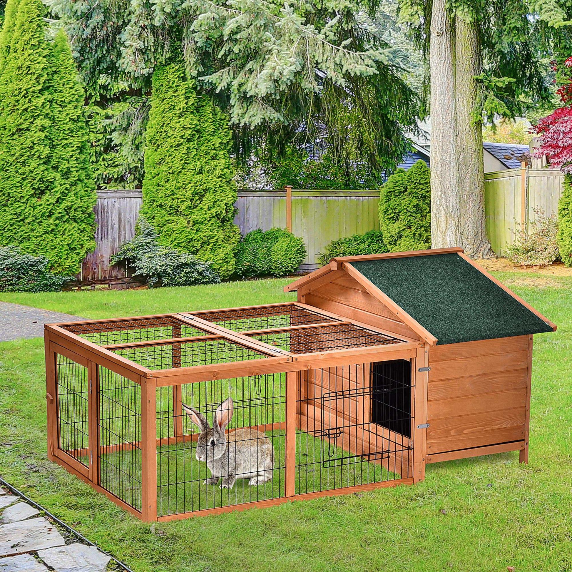 Outsunny Deluxe Golden Red Wooden Rabbit and Guinea Pig Hutch with Spacious Run and Lockable Roof - ALL4U RETAILER LTD