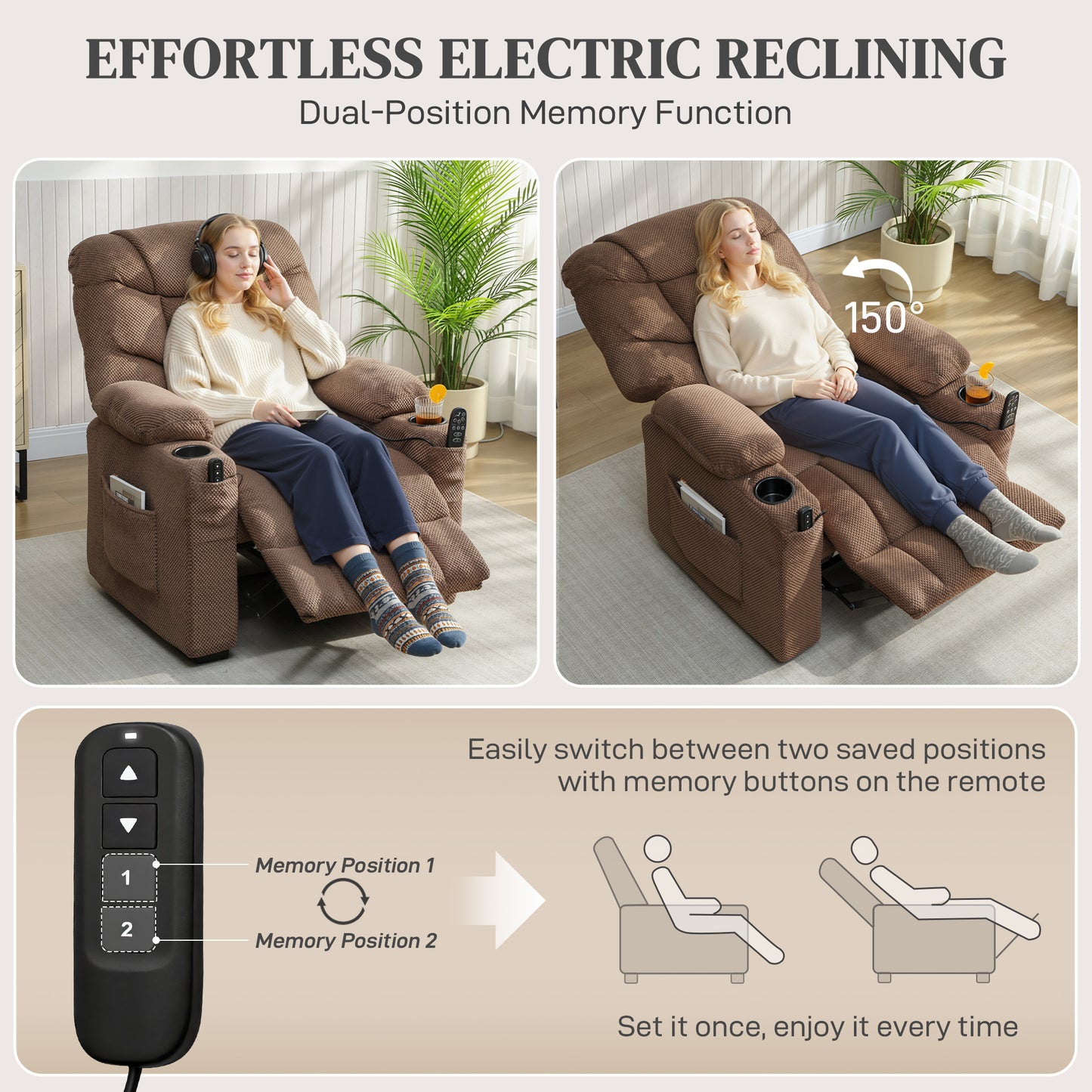 HOMCOM Electric Massage Recliner With Vibration And Heat Memory Function USB Port Footrest Side Pocket Brown