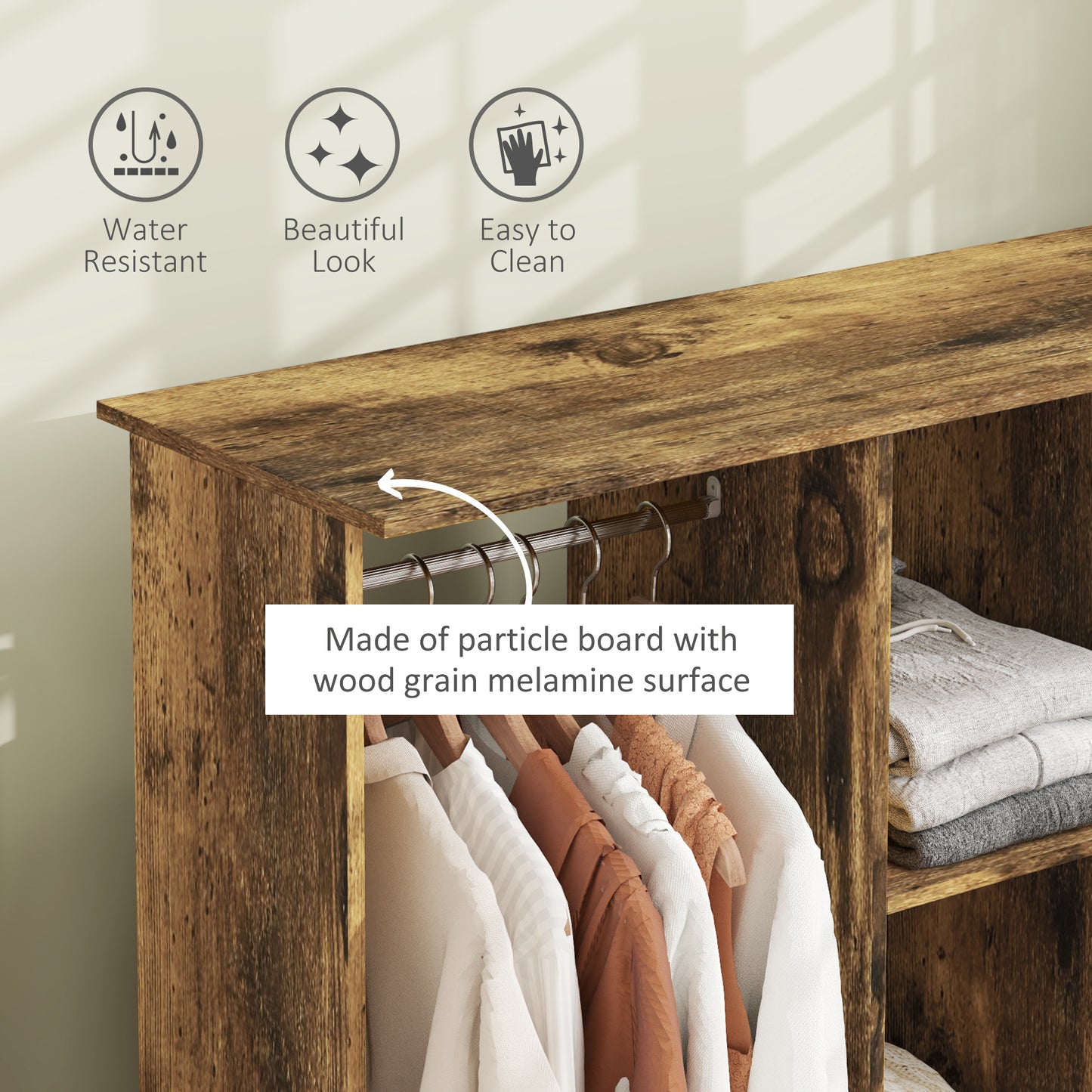 HOMCOM Open Wardrobe Double Mobile Storage Shelves Organizer With 6 Wheels Rustic Brown