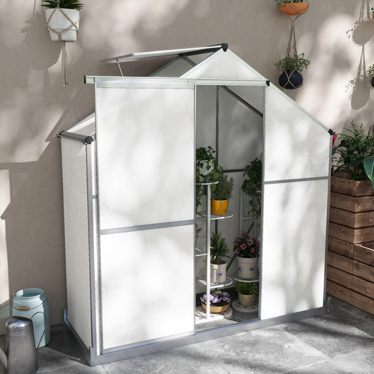Outsunny 6 x 2.5ft Polycarbonate Greenhouse Walk-In Green House with Rain Gutter, Sliding Door, Window, Foundation, Silver - ALL4U RETAILER LTD