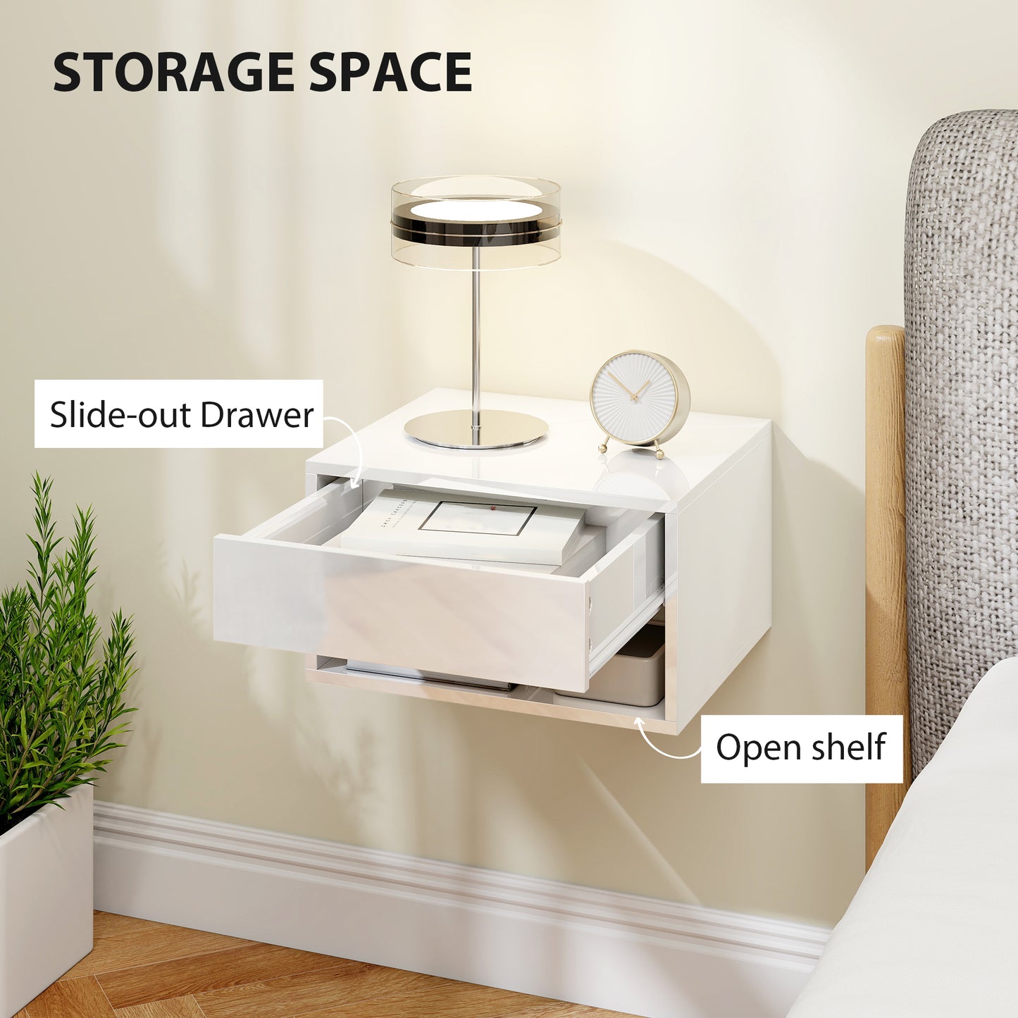 HOMCOM Set of Two Floating Bedside Tables Wall Mounted Nightstands with Drawer and Open Shelf High Gloss White