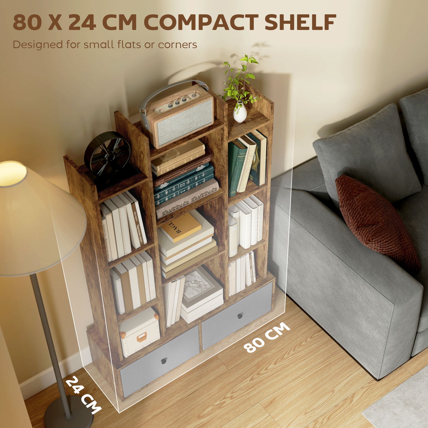 HOMCOM 12 Cubby Storage Unit With Drawers Brown Anti Tip Kit Sturdy Base Tree Bookcase
