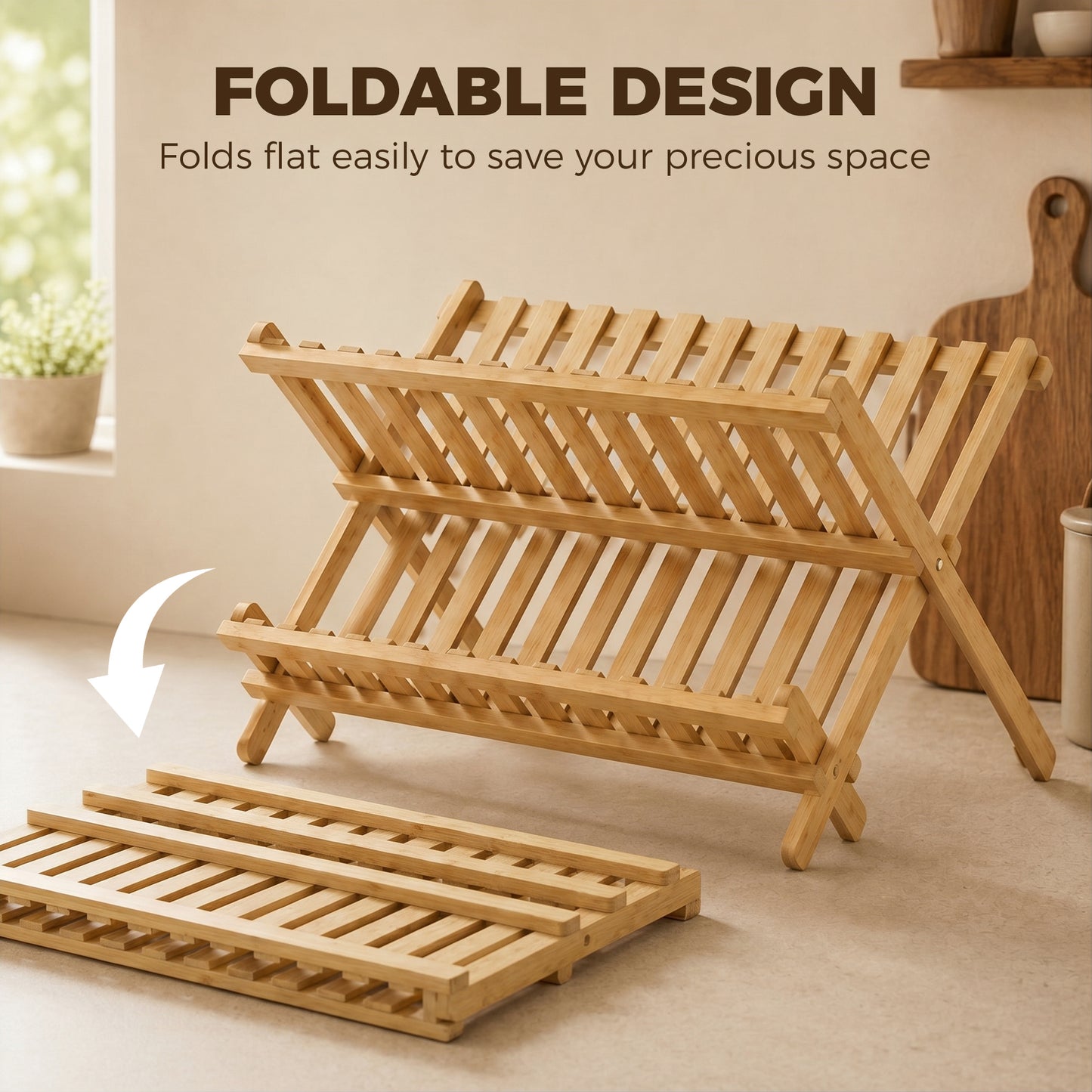 HOMCOM 2 Tier Foldable Bamboo Kitchen Storage Rack With Slatted Drying Shelves Natural Wood Finish