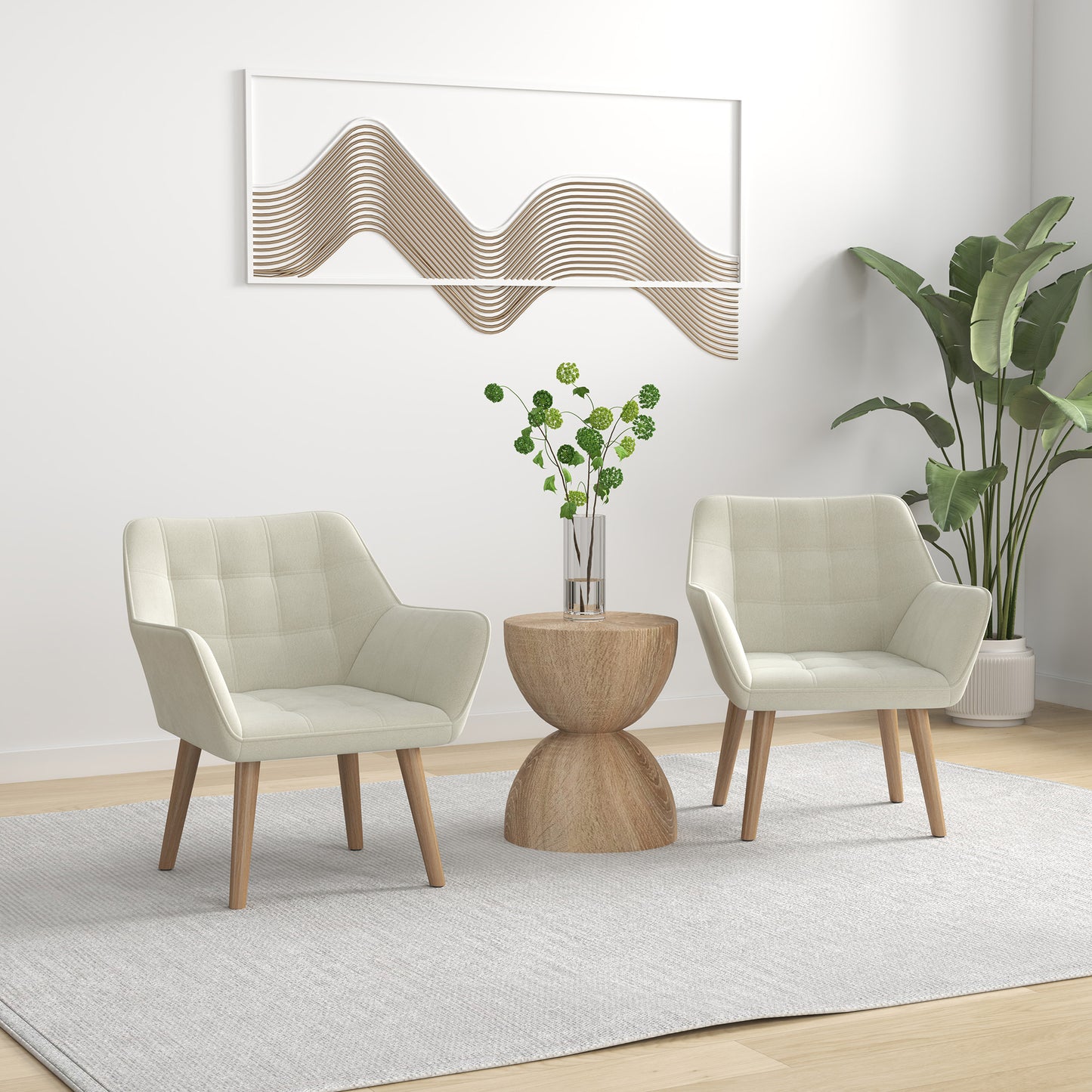 Set of 2 Accent Armchairs With Slanted Back and Thick Padding in Cream White Upholstery Rubberwood Legs