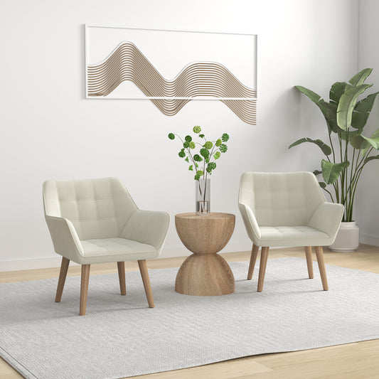 Set of 2 Accent Armchairs With Slanted Back and Thick Padding in Cream White Upholstery Rubberwood Legs