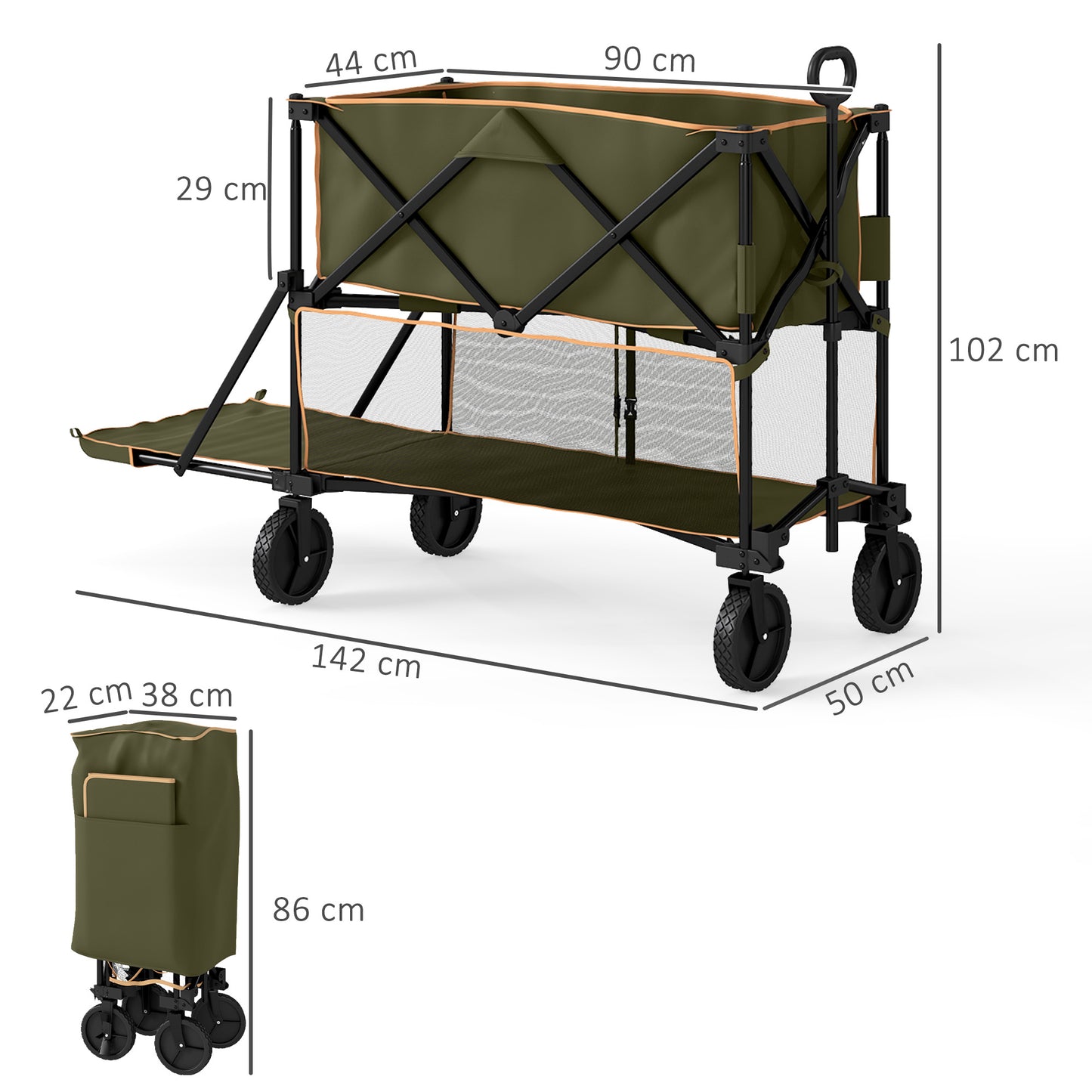 Outsunny Double Decker Folding Trolley With Wheels 200KG And 350L Capacity Collapsible Wagon For Camping Garden Grey