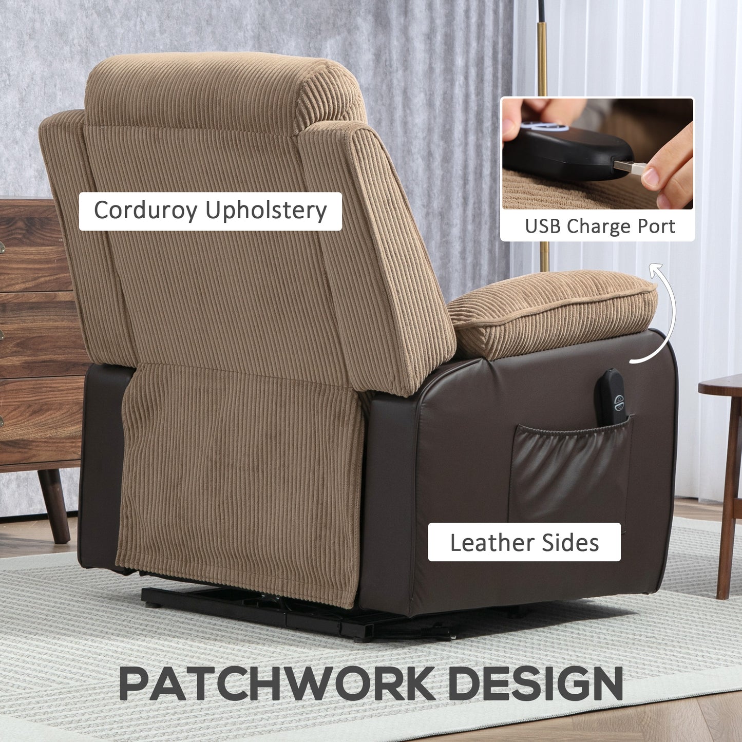 HOMCOM Overstuffed Corduroy Electric Lift Recliner Chair With USB Port And 45 Degree Recline Footrest Brown