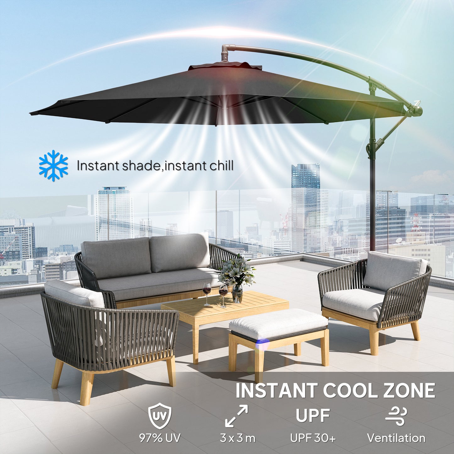 Outsunny 3 Meter Overhanging Cantilever Parasol With Cross Base Black Outdoor Garden Umbrella UV Resistant