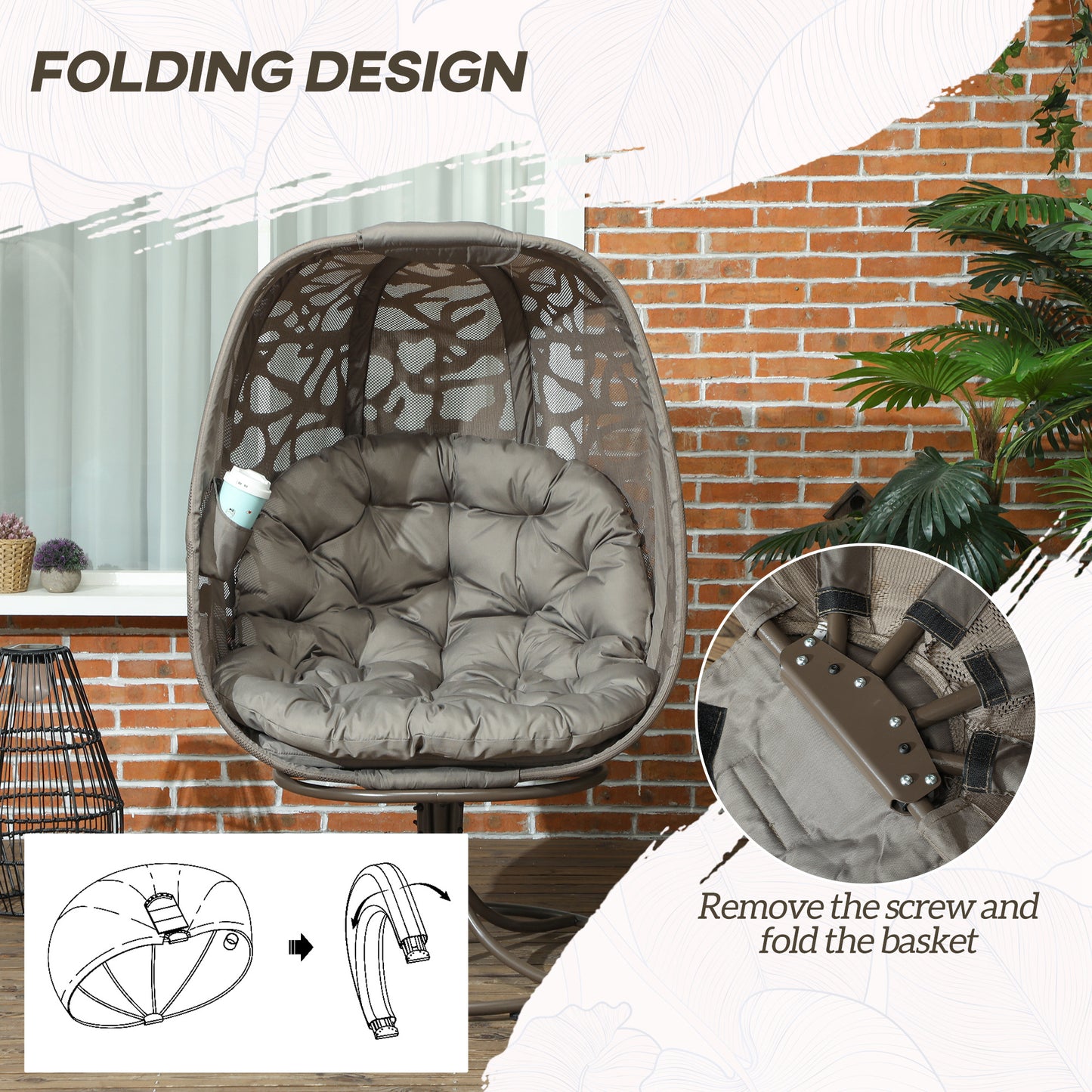 Outsunny Swivel Egg Chair With Cushions And Metal Frame Foldable Basket Seat Indoor Outdoor Lounge Chair Sand Brown