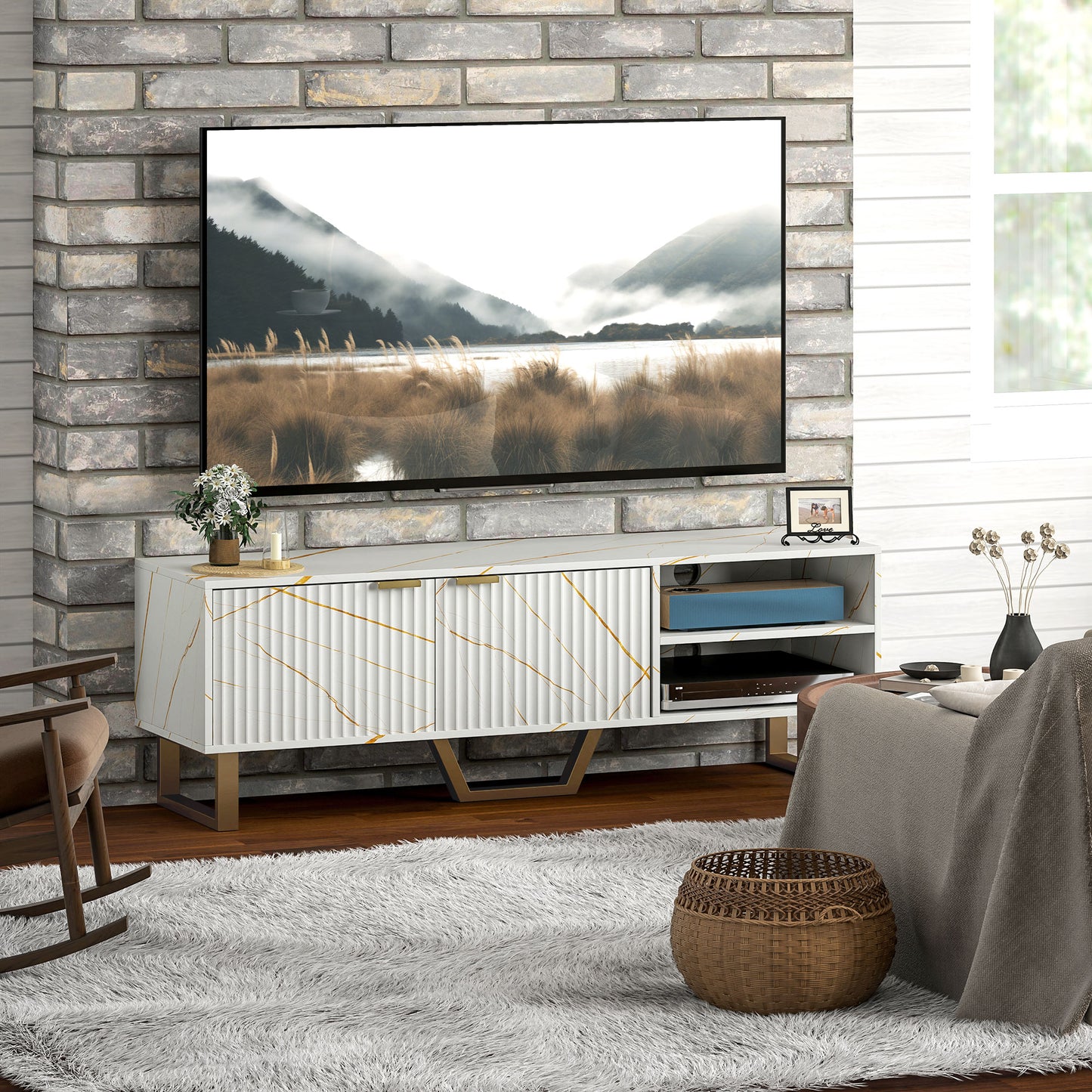 HOMCOM Marble Effect TV Unit For Up To 70 Inch TVs With Fluted Doors Open Shelves And Cable Management White