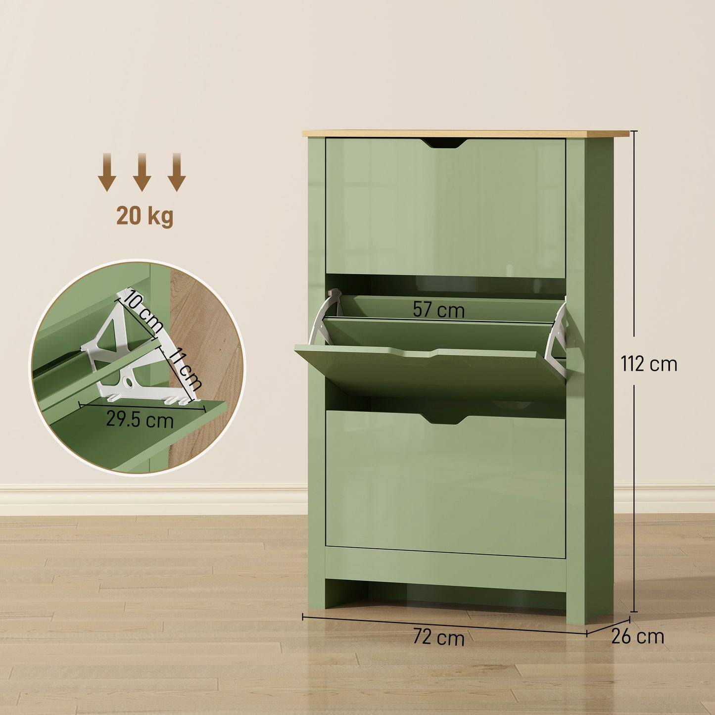 HOMCOM Slim Shoe Cabinet Narrow Cupboard With 3 Drawers Adjustable Shelves For 18 Pairs Of Shoes High Gloss Green
