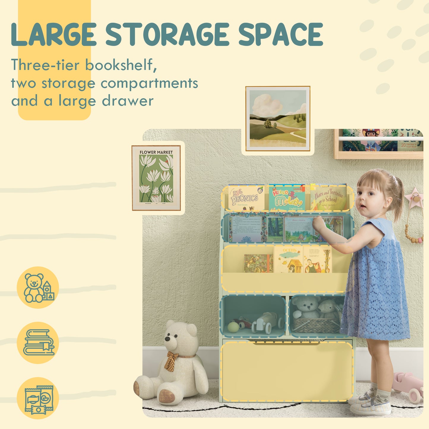 HOMCOM Kids Bookshelf Toy Organizer With Storage Drawer And Wheels Green For Bedroom Playroom
