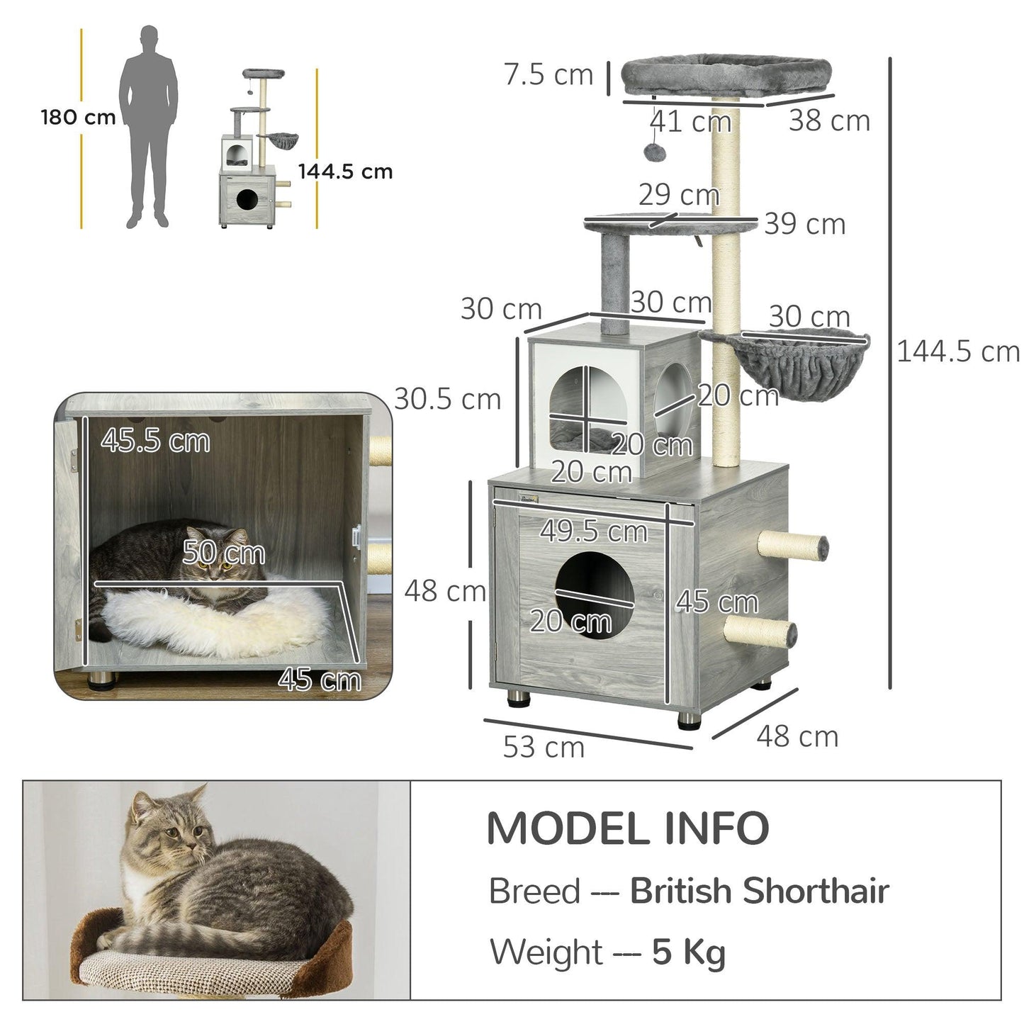 PawHut Grey Enclosed Cat Litter Box with Cat House - Indoor Cats Use - ALL4U RETAILER LTD