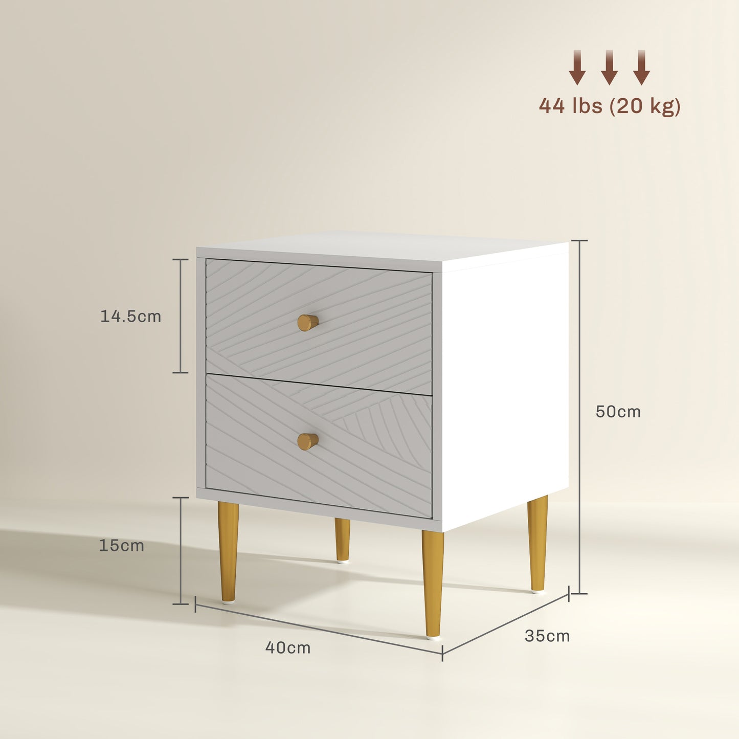 HOMCOM Elegant White And Gold Tone Two Drawer Bedside Table With Metal Legs And Spacious Storage