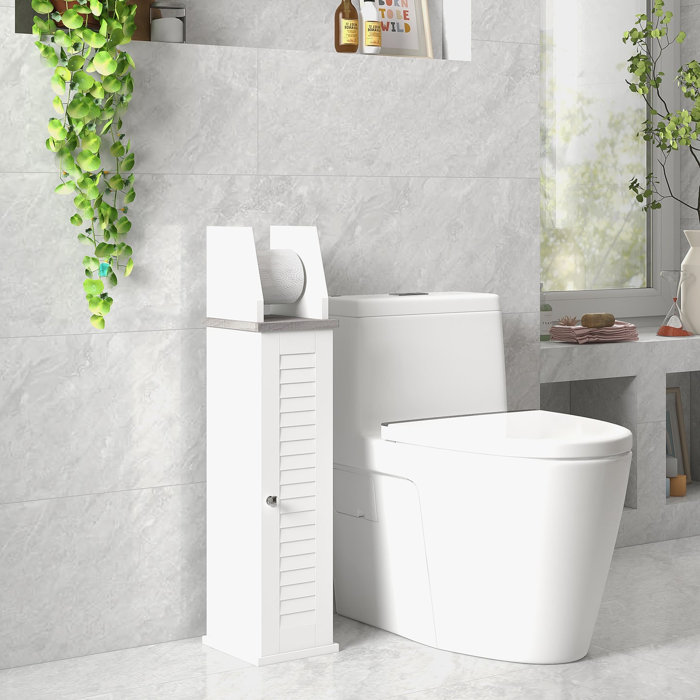 Kleankin Sleek White Bathroom Storage Cabinet with Adjustable Shelf and Toilet Roll Holder - ALL4U RETAILER LTD