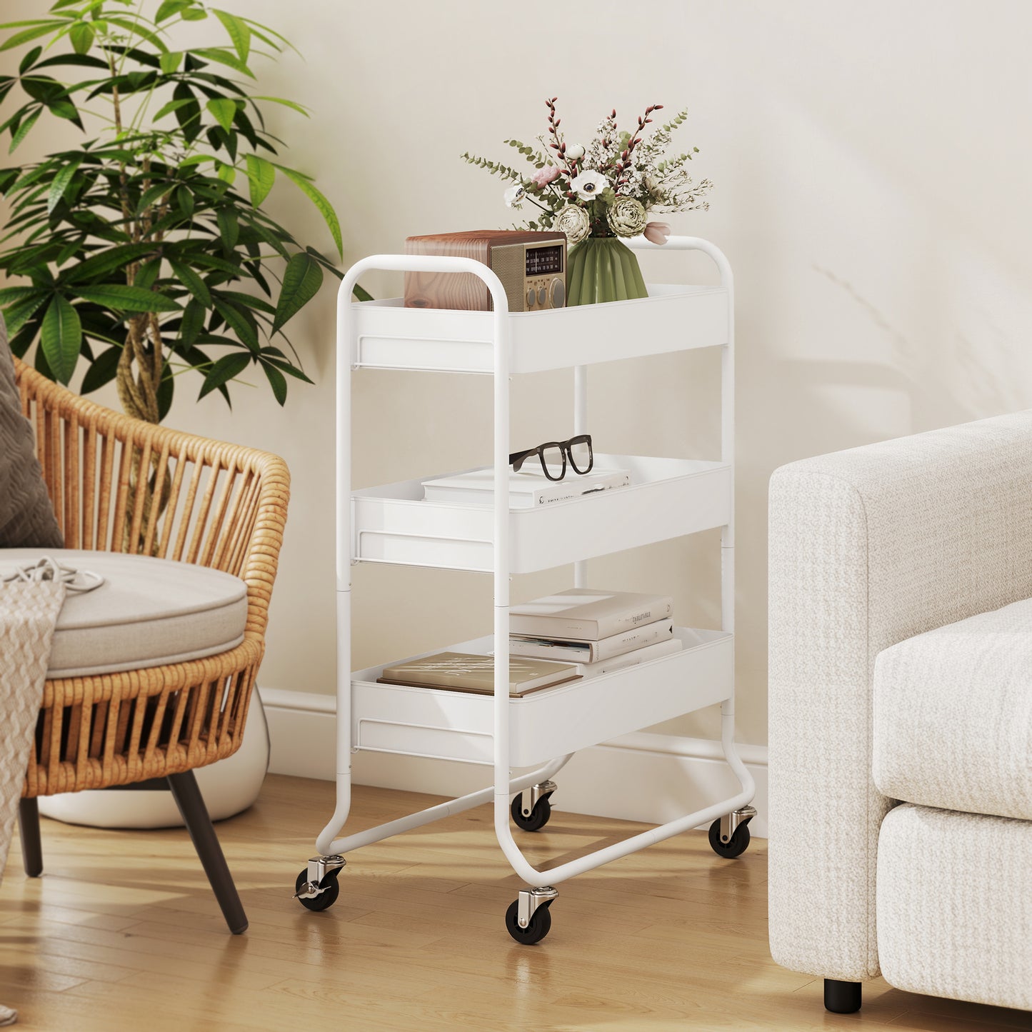 HOMCOM 3 Tier Storage Trolley on Wheels Rolling Utility Cart with Mesh Baskets for Kitchen Bathroom and Bedroom White