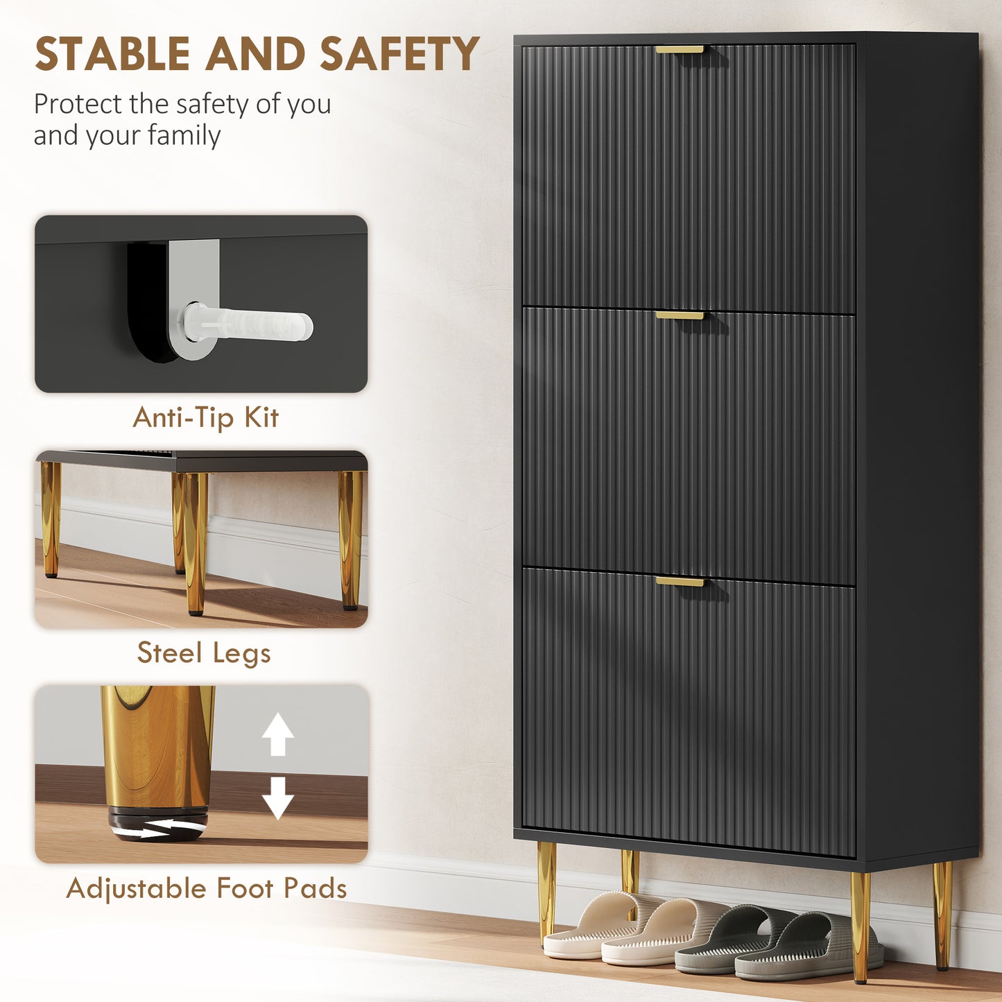 HOMCOM Elegant White Three Drawer Shoe Cabinet With Gold Accents Holds 9 To 18 Pairs And Adjustable Shelves
