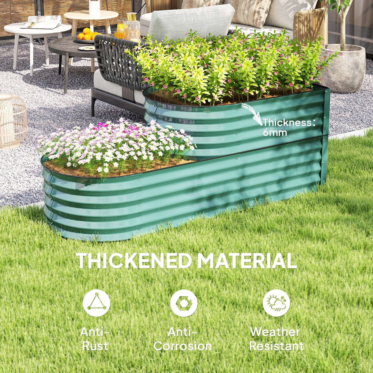 Outsunny Two Tier Galvanised Steel Garden Planter Dark Green Outdoor Plant Stand With Open Bottom