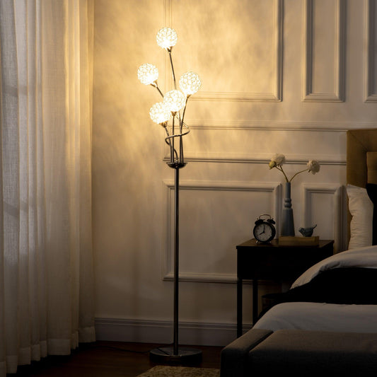 HOMCOM Modern Crystal Floor Lamp for Living Room and Bedroom, 5-Light Standing Lamp - 34x25x156cm, Silver - ALL4U RETAILER LTD