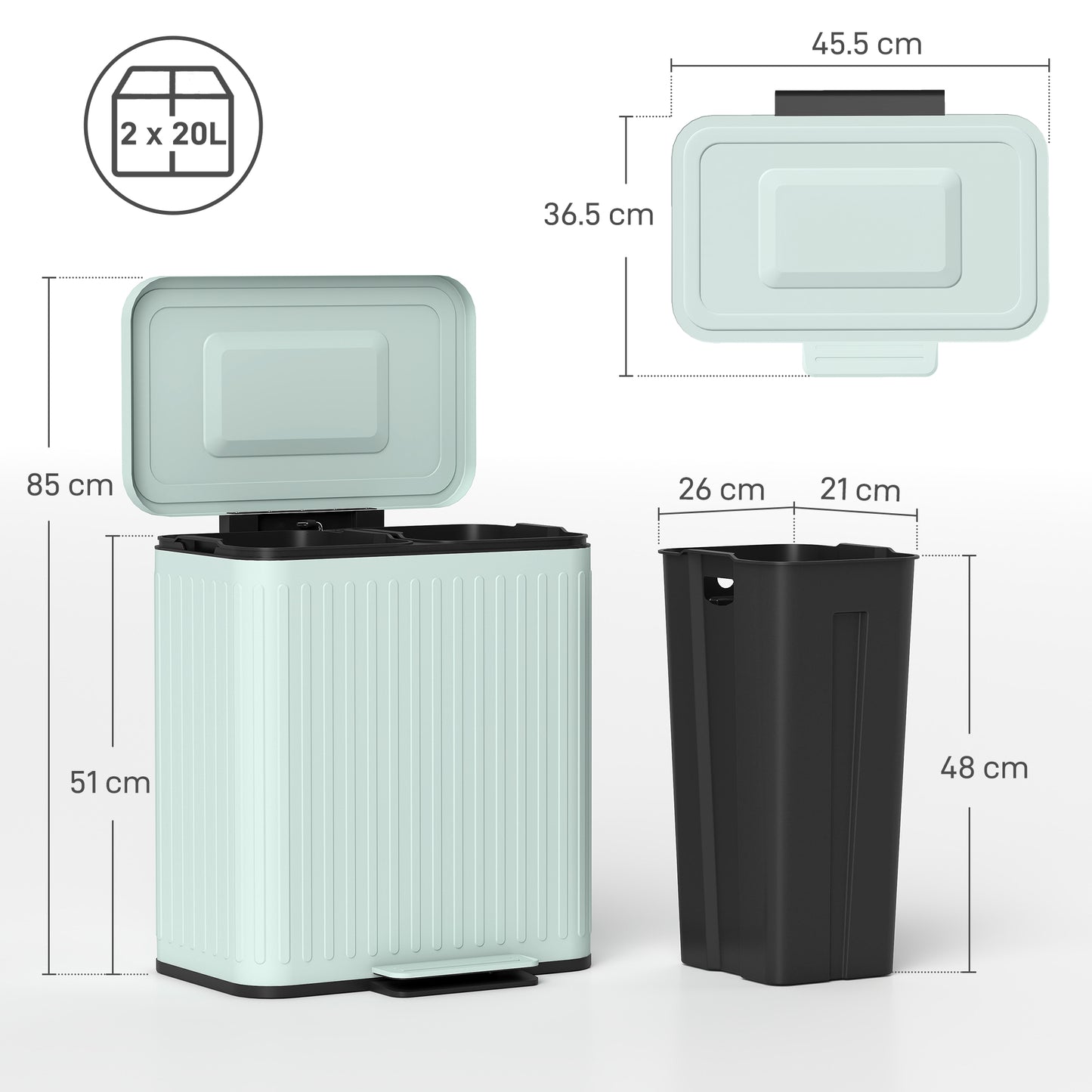 HOMCOM 40L Dual Compartment Rubbish Bin With Pedal And Soft Close Lid For Kitchen Stay Open Lid Green