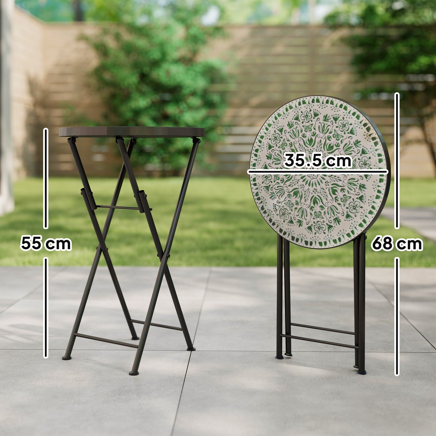 Outsunny Mosaic Outdoor Garden Table Round Folding Coffee Table 35.5cm With Metal Frame For Balcony Terrace Green