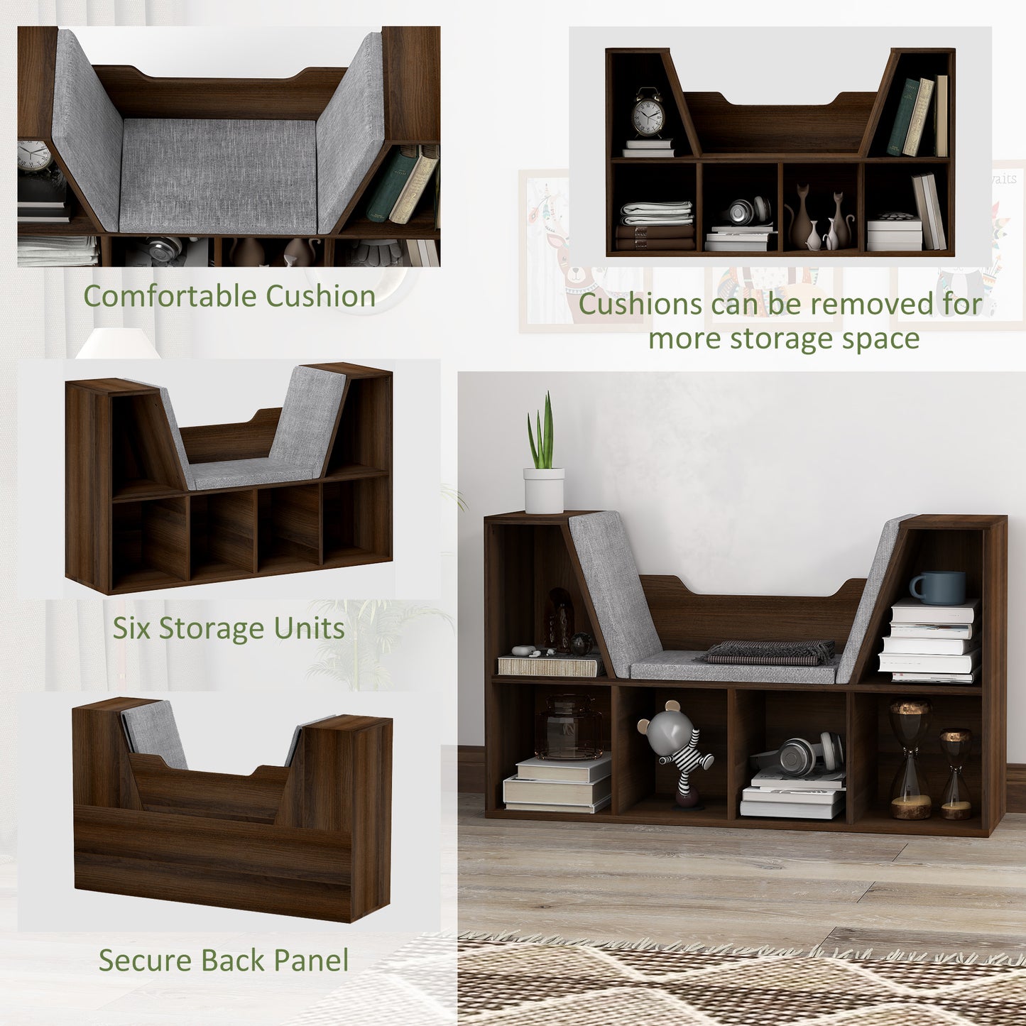 HOMCOM Cube Bookshelf Organizer With Cushioned Reading Seat Storage Shelf Chestnut For Bedroom And Living Room