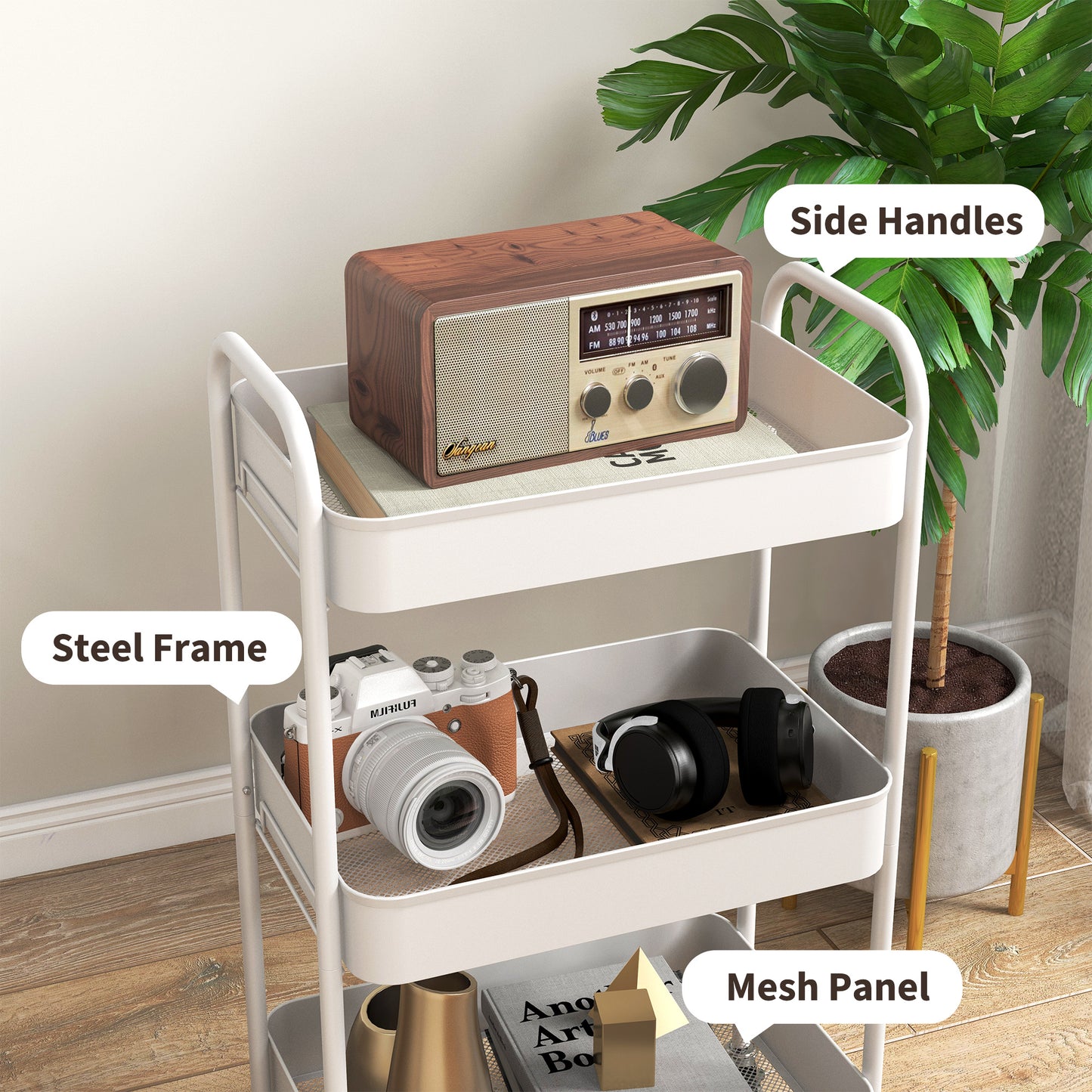 HOMCOM Three Tier Steel Storage Trolley White Rolling Cart With Small Medium Large Baskets Home Organization