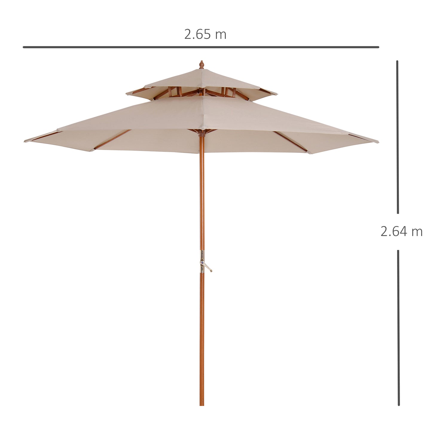 Outsunny 2.7m Wooden Parasol With Two Tier Canopy For Garden Outdoor Shade Beige