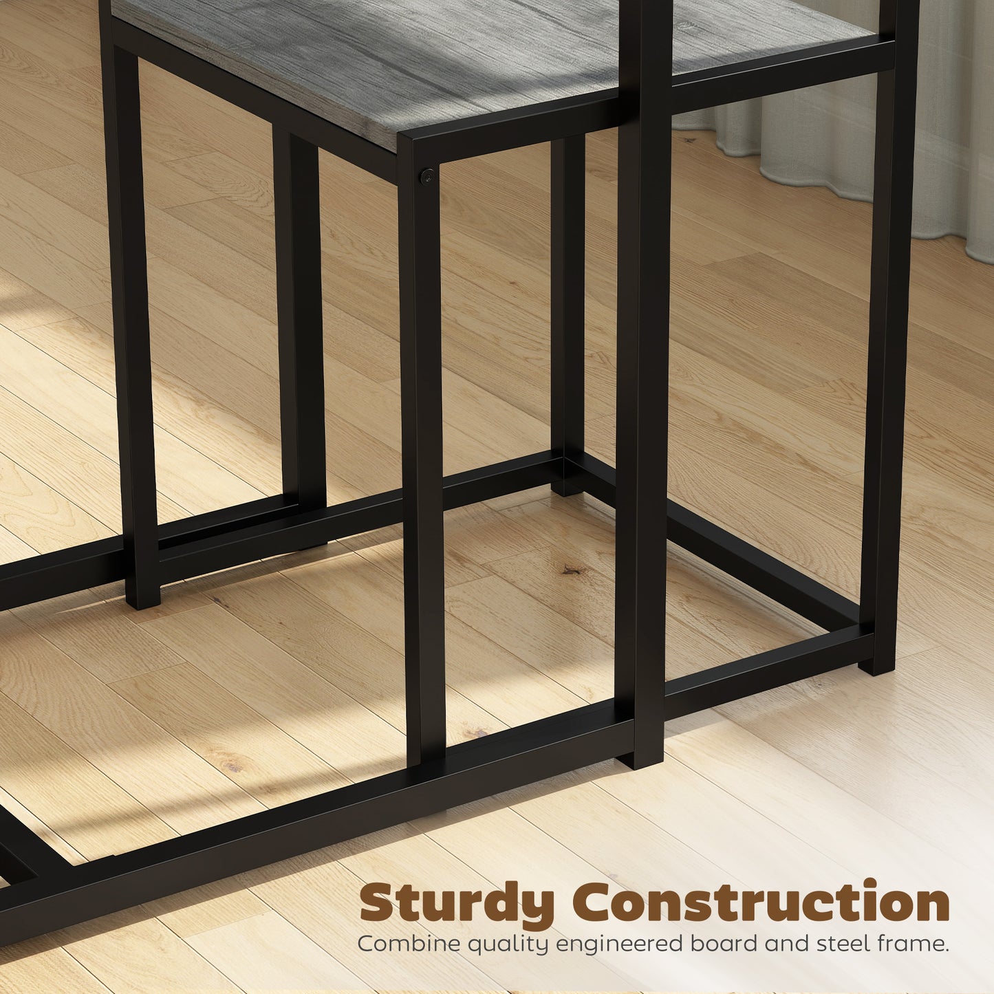 HOMCOM 3 Piece Table and Stool Set Charcoal Grey Wood Effect with Chestnut Brown MDF Panels