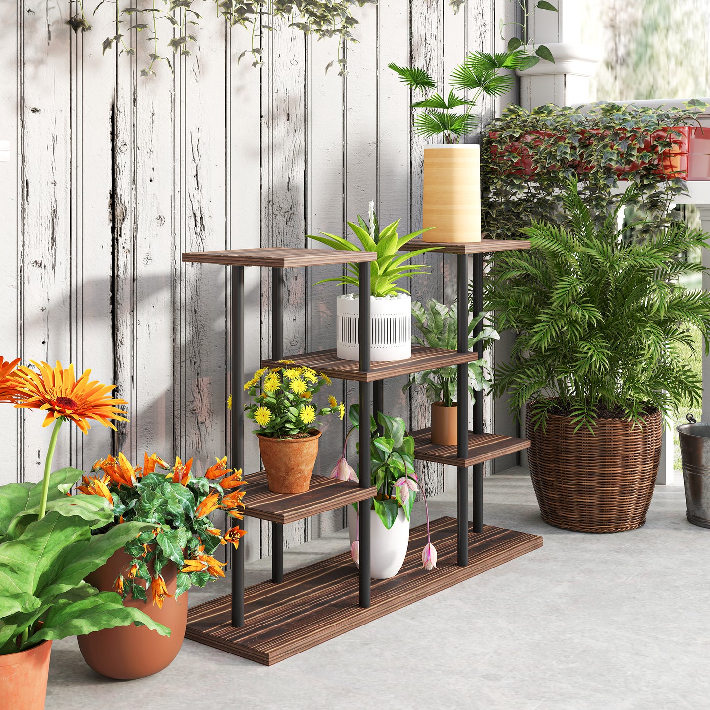 Outsunny Four Tier Wooden Plant Stand With Metal Frame For Indoor Plants And Shelving