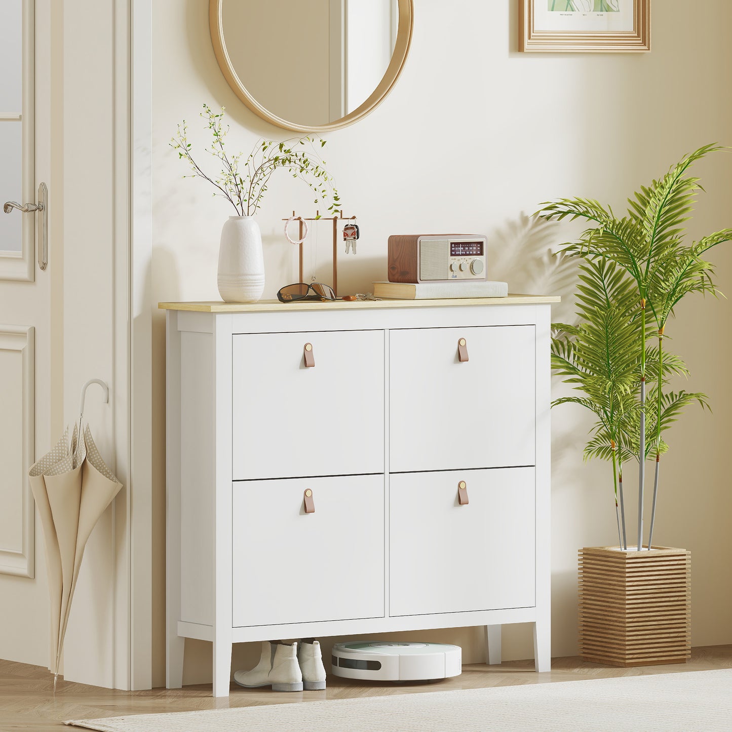 HOMCOM Modern Four Drawer Shoe Cabinet White Narrow Slim Storage For 20 Pairs UK Mens 9.5