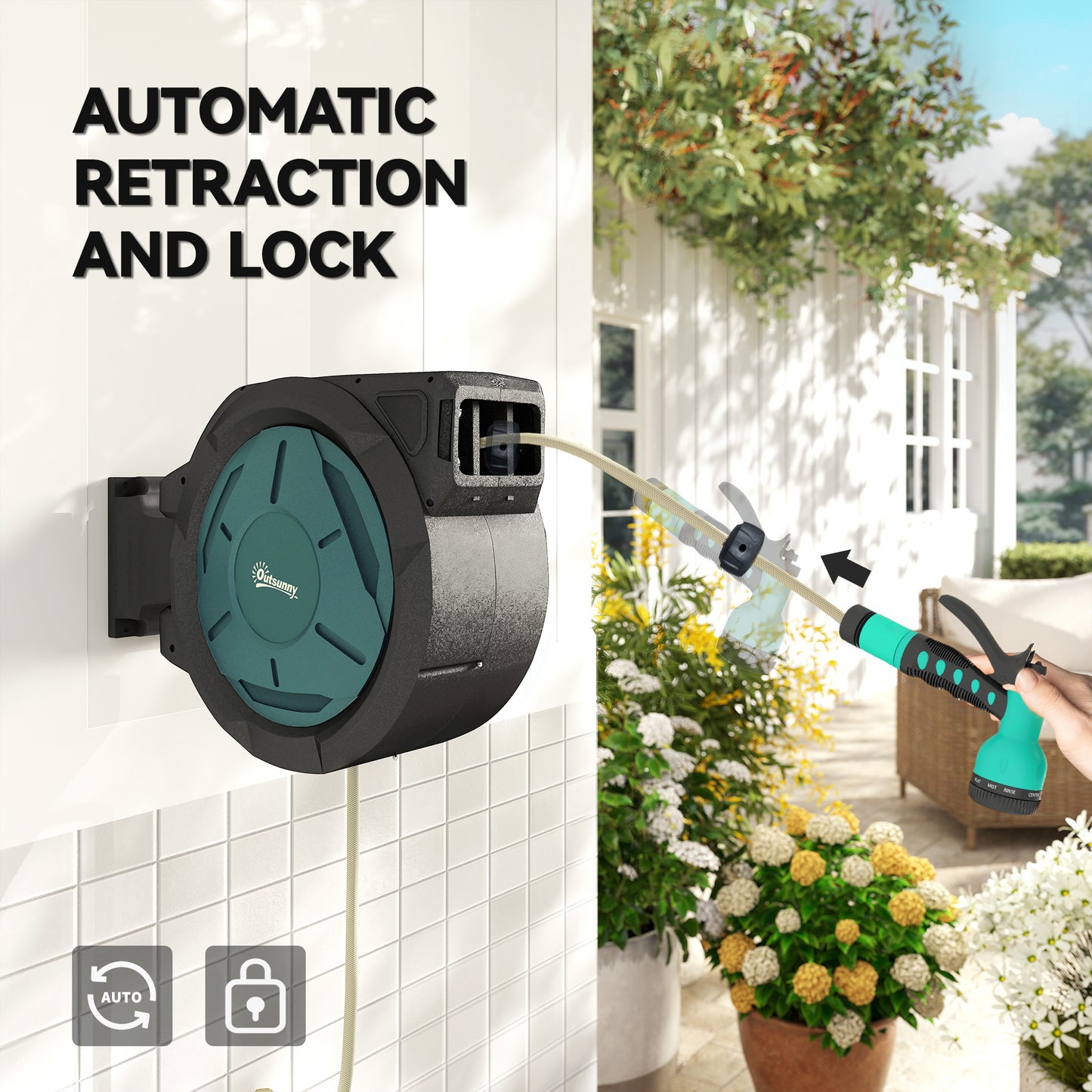 Outsunny Retractable Hose Reel Wall Mounted 20m And 2m Hose With Auto Rewind 180 Degree Swivel 7 In 1 Nozzle Black