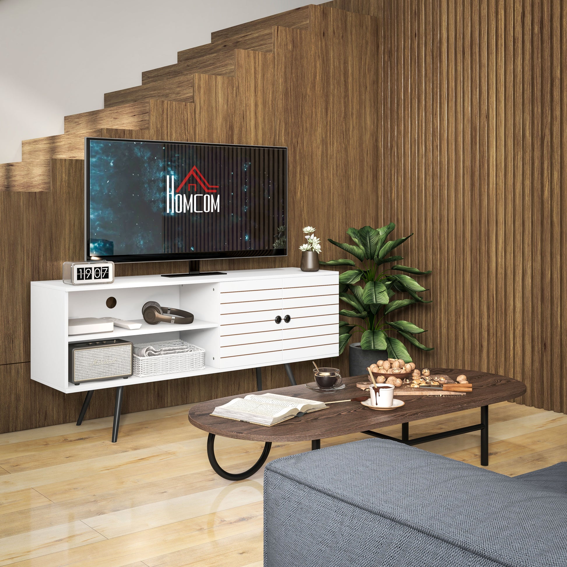 HOMCOM Modern White TV Stand Cabinet for 65 Inch Screens with Open Shelves & Soft-Close Doors - ALL4U RETAILER LTD