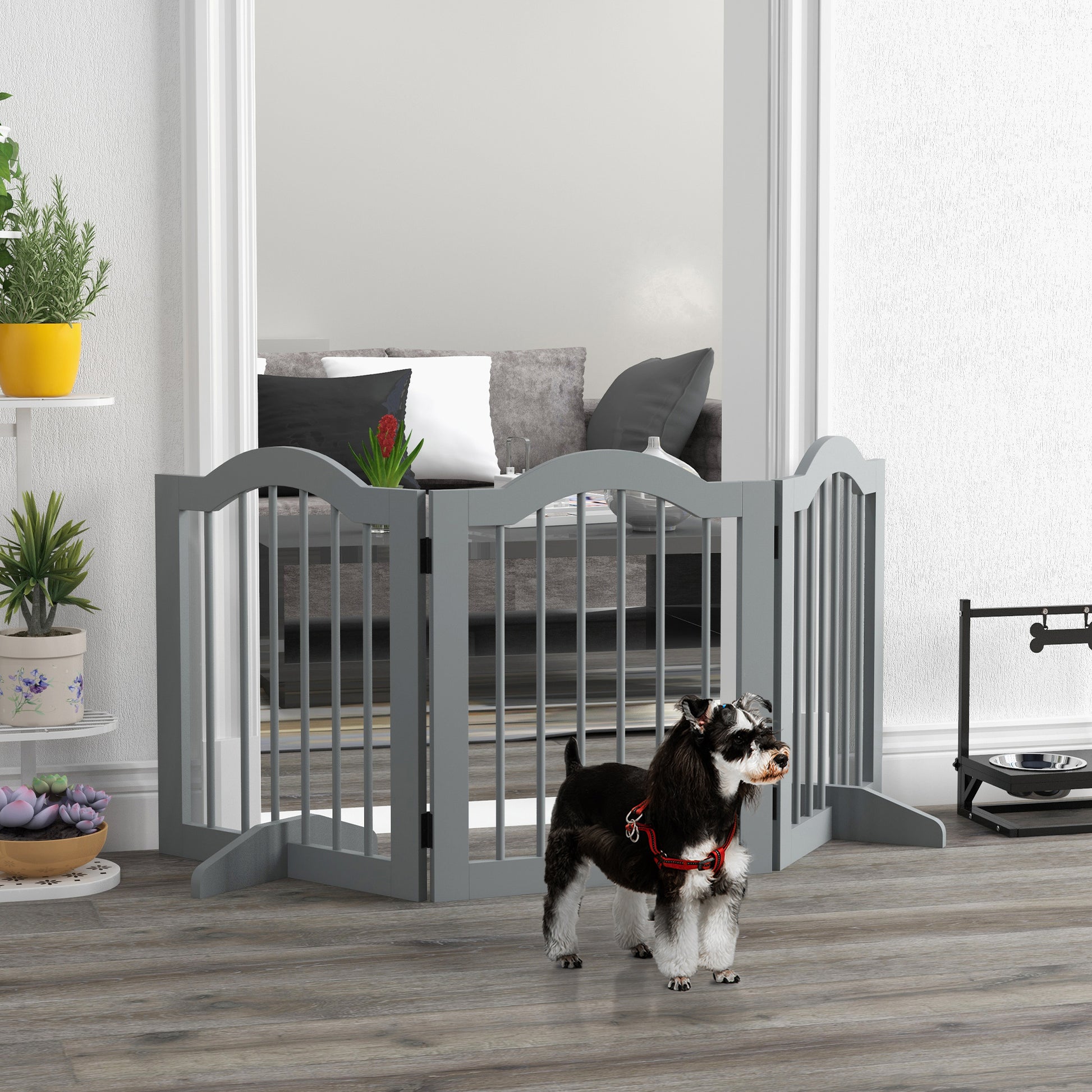 PawHut Freestanding 3-Panel Wooden Dog Gate with Support Feet - Light Grey Safety Barrier - ALL4U RETAILER LTD